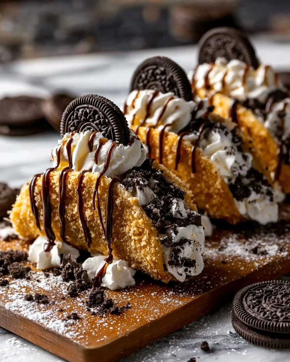 Three dessert tacos sit on a wooden board with a white marbled texture underneath, each taco made of a golden, crumb-coated shell. Inside the shell, there is a thick layer of white cream topped with crushed dark chocolate cookie pieces and a swirl of whipped cream. Each taco is lightly drizzled with dark chocolate sauce from top to bottom, and a whole dark chocolate cookie is placed vertically at the back of each taco as a decoration. Extra crushed cookies and powdered sugar are scattered around the board, with two whole dark chocolate cookies lying nearby. The photo is taken with an iphone --ar 4:5 --v 7