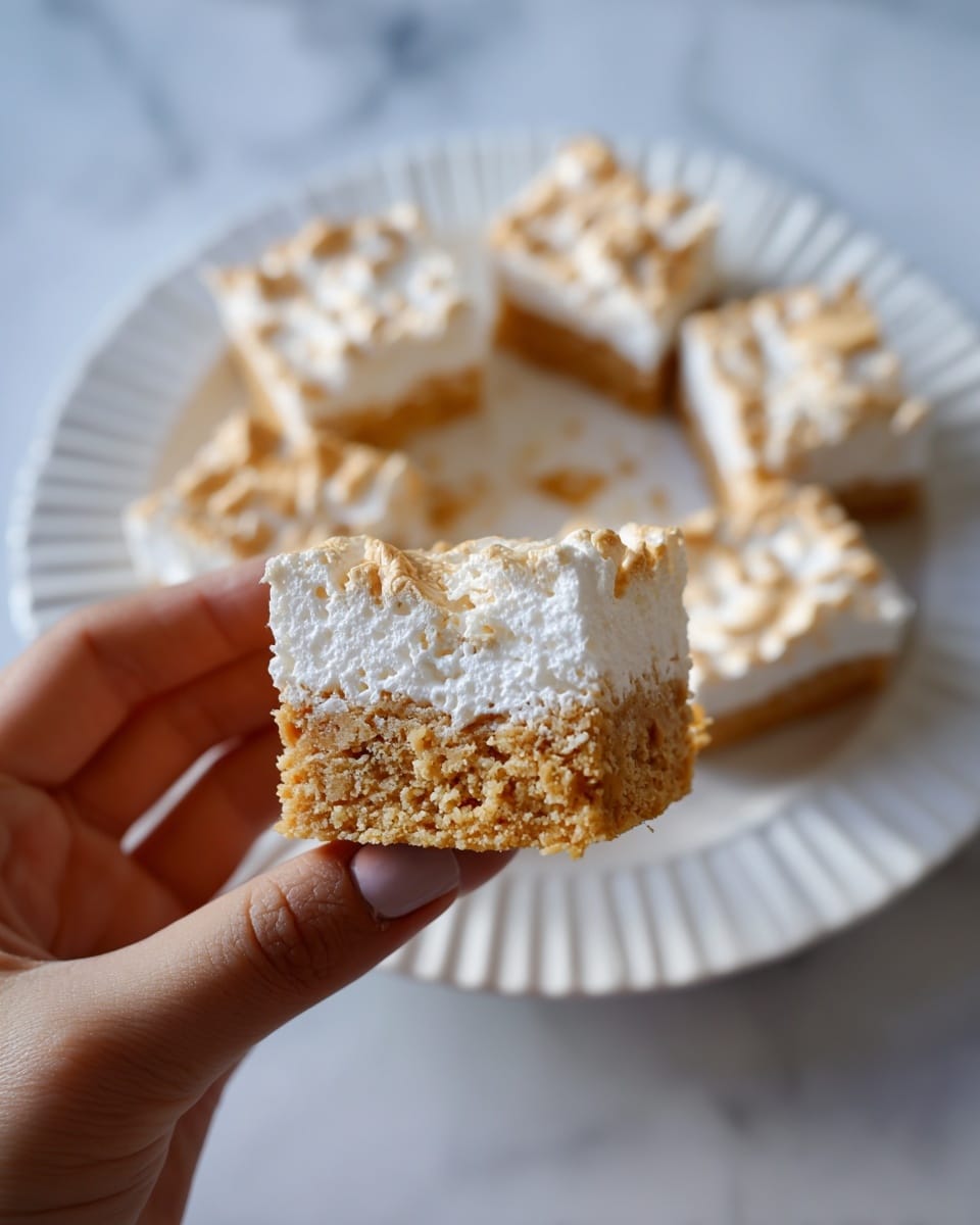 A close-up of a fluffy nutter bar held by a woman's hand, showing two distinct layers: the bottom layer is golden brown with a soft, crumbly texture, and the top layer is thick white marshmallow spread that looks light and slightly glossy with some air bubbles and a few golden toasted spots. In the background, a white plate with scalloped edges holds the rest of the nutter bars, all cut into squares with the white marshmallow layer evenly spread on top. The scene is set on a white marbled surface, enhancing the soft, inviting texture of the bars. Photo taken with an iphone --ar 4:5 --v 7