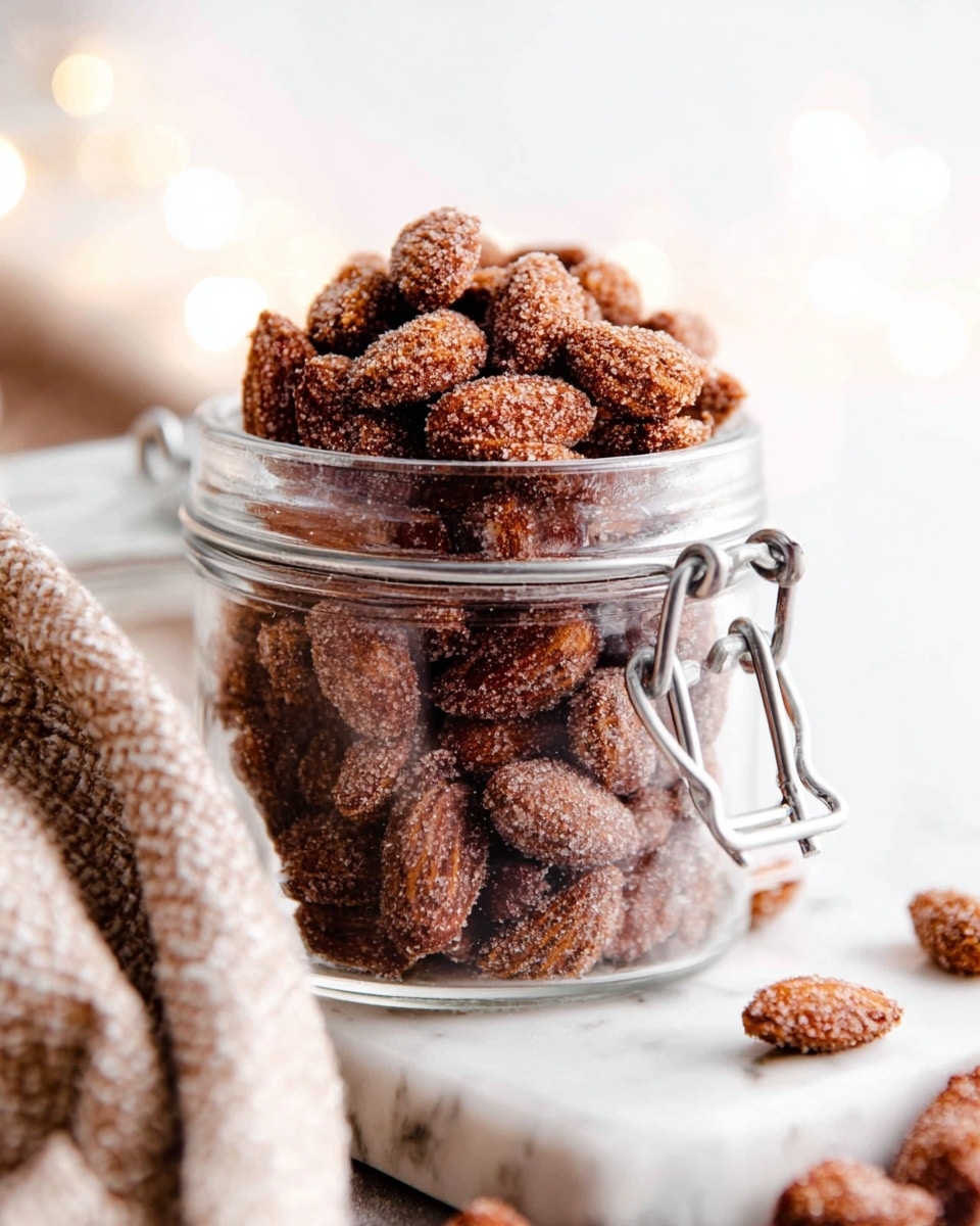 A clear glass jar filled to the top with crunchy, sugar-coated almonds that have a deep brown, textured surface, each almond showing a rough, grainy sugar layer. The jar has a silver metal clasp on its right side, which is open, and the jar is placed on a white marbled surface. Some sugar-coated almonds are scattered around the jar, and a soft, light beige cloth with a textured pattern is partially visible in the foreground. The background is bright and blurred, making the almonds the main focus. photo taken with an iphone --ar 4:5 --v 7