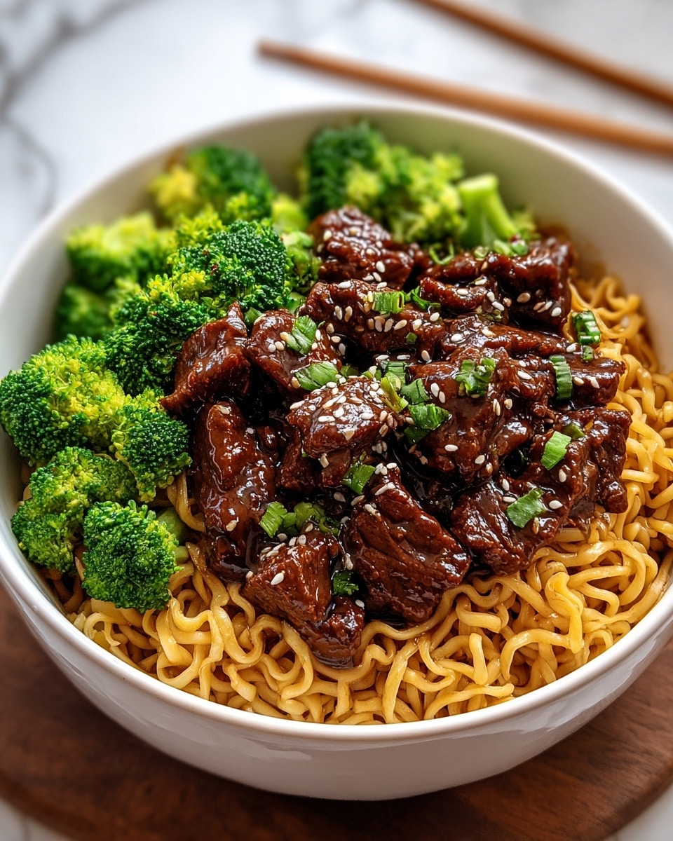 A white bowl filled with three layers: at the bottom, a nest of shiny, golden-brown cooked noodles with a slightly glossy texture; in the middle, bright green steamed broccoli florets with fresh texture, scattered evenly; on top, dark brown pieces of glossy, saucy beef coated in a rich sauce, sprinkled with white sesame seeds and small bright green chopped herbs. The bowl sits on a white marbled surface, with a pair of wooden chopsticks placed near the bowl. photo taken with an iphone --ar 4:5 --v 7