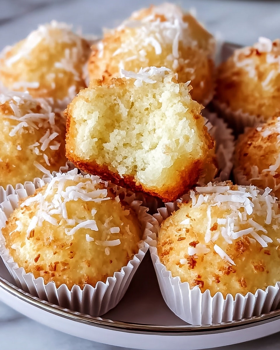 A close-up view of small round coconut cupcakes arranged in a circle on a white plate with a silver rim, each cupcake in white paper liners. The cupcakes have a golden brown, slightly crispy outer layer and a soft, moist, light yellow inside, one cupcake is split open in the center foreground showing its crumbly texture. Each cupcake is topped with white shredded coconut, adding a textured look on the glossy surface. The plate is set on a white marbled surface. photo taken with an iphone --ar 4:5 --v 7