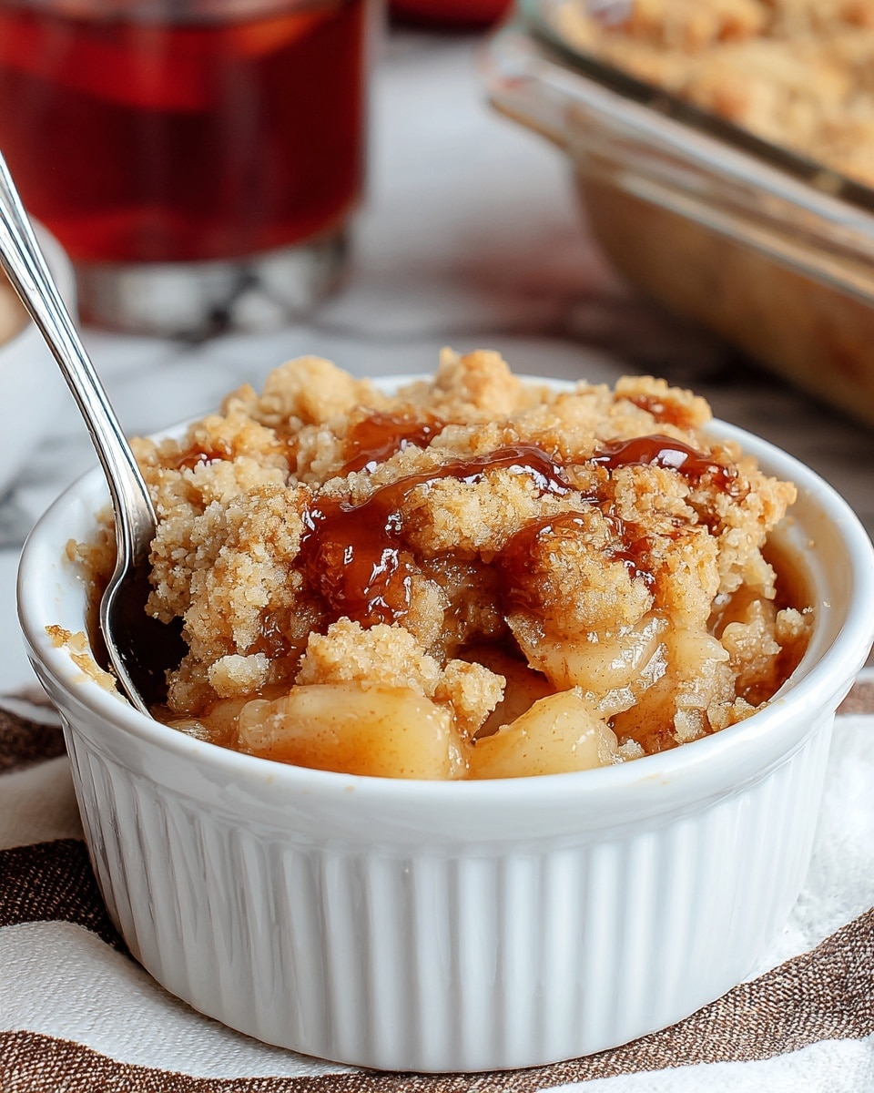 A white round ramekin filled with a warm apple crumble dessert showing two clear layers: the bottom layer is soft, chunky apple filling in a light beige color with a slightly syrupy texture, while the top layer is a thick, golden brown crumbly topping with a few darker, caramelized spots, some shining from a glaze or syrup. A silver spoon is inserted on the left side into the dessert, and the ramekin sits on a white and brown striped cloth against a white marbled textured surface, with a blurred glass baking dish and a red drink in the background. Photo taken with an iphone --ar 4:5 --v 7