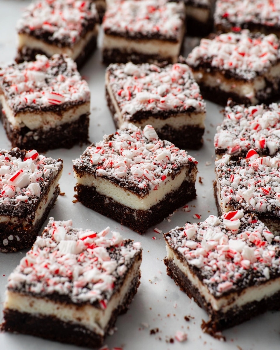 The image shows many square dessert bars arranged closely on a white marbled surface covered with parchment paper. Each bar has three visible layers: a dark brown, dense bottom layer; a thick, white middle layer that looks soft and creamy; and a dark brown top layer covered with white and red crushed peppermint pieces, adding a crumbly texture. The bars are cut evenly, and some show small bite marks on the edges. The crushed peppermint topping creates a festive and textured appearance across all the dessert bars. photo taken with an iphone --ar 4:5 --v 7