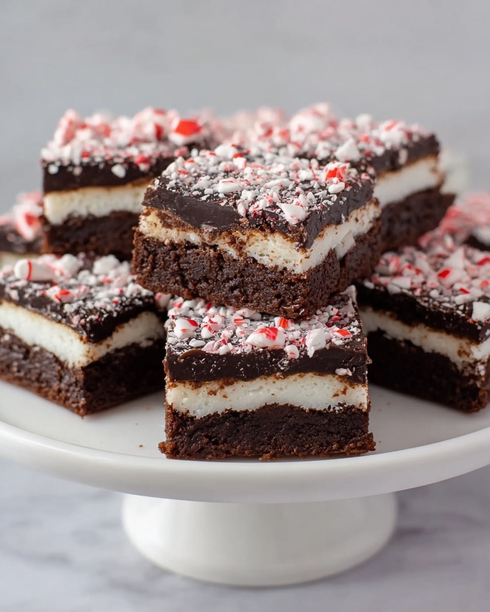 The image shows a white cake stand holding a stack of square peppermint brownies, each with three layers. The bottom layer is a dark, rich brown chocolate brownie with a moist, dense texture. The middle layer is a smooth, thick white peppermint cream, contrasting sharply with the brownie below. The top layer is a glossy, dark chocolate coating, sprinkled generously with crushed red and white peppermint candy pieces that add texture and color. The white marbled surface beneath the cake stand creates a clean and simple background, making the brownies the main focus. photo taken with an iphone --ar 4:5 --v 7