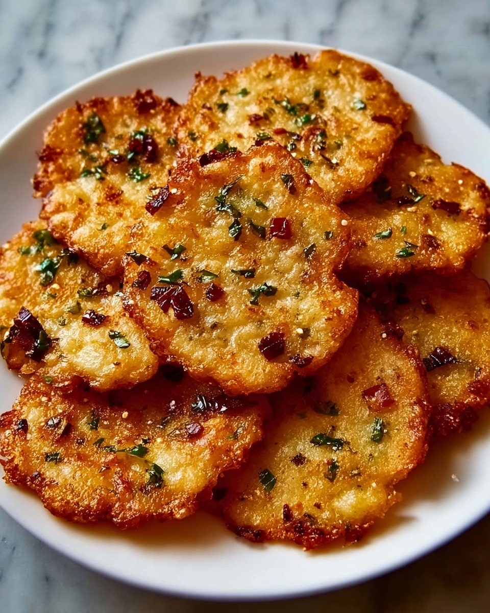 A white plate filled with a stack of round, golden-brown fritters, each with crispy edges and a slightly uneven texture. The fritters have small green herb pieces and dark reddish-brown bits scattered throughout their surface, adding color contrast. The fritters are layered unevenly, showing some overlapping parts, and the overall look is crunchy and savory. The background features a white marbled texture. photo taken with an iphone --ar 4:5 --v 7