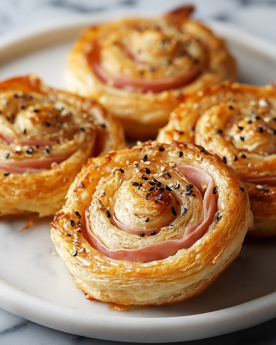 The image shows four golden-brown puff pastry spirals placed on a white plate with a white marbled surface beneath. Each pastry has multiple flaky layers forming a circular swirl texture, with thin slices of pink ham visible inside the spirals, alternating with the light golden puff pastry dough. The tops are shiny and glazed, sprinkled with small black sesame seeds and coarse salt, adding a textured contrast. The pastries look crisp on the edges with a soft, layered center. Photo taken with an iphone --ar 4:5 --v 7