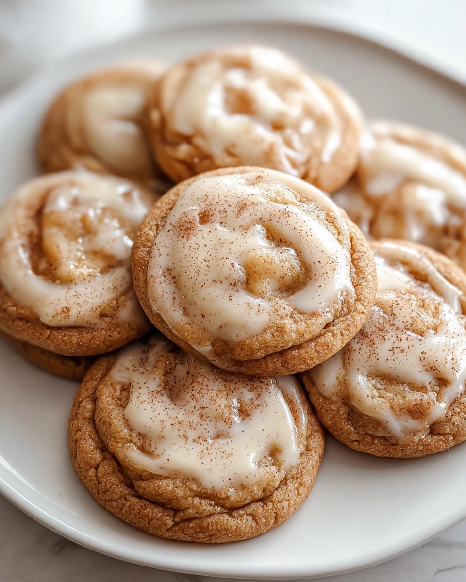 A close-up view of seven soft, round cookies arranged on a white plate, each cookie has a golden brown base with a soft, slightly wrinkled texture, topped with melted white chunks that look creamy, and a light dusting of fine cinnamon powder spread evenly across the surface. The cookies have a slightly chewy and gooey appearance with small cracks and uneven edges, giving them a homemade look. The plate is placed on a white marbled surface. photo taken with an iphone --ar 4:5 --v 7