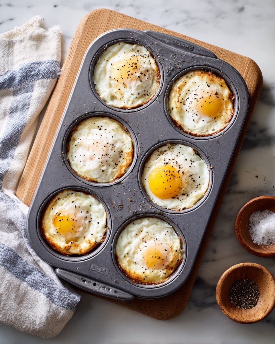 A dark gray metal muffin pan holds six baked egg cups, each filled with a layer of cooked white egg whites with slightly browned and bubbly edges, and soft eggs with light yellow yolks faintly visible under the white layer. The eggs are seasoned with cracked black pepper sprinkled evenly on top. The pan sits on a white marbled surface, with a light wood cutting board partially visible underneath the handle of the pan. To the left is a folded white and blue striped cloth, and to the right are two small wooden bowls, one holding ground black pepper. photo taken with an iphone --ar 4:5 --v 7