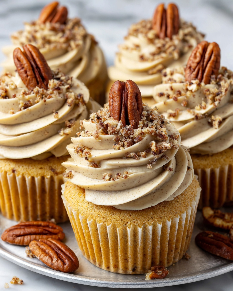 A close-up of six yellow vanilla cupcakes with thick swirls of light beige frosting on top. Each cupcake frosting has small pieces of crushed brown pecans sprinkled all around, with a whole pecan placed upright at the very top center. The cupcakes are arranged on a shiny silver tray placed on a white marbled surface, with whole and broken pecans scattered around the tray. The texture of the soft cake contrasts with the smooth, creamy frosting and crunchy nuts, making the image look rich and inviting. Photo taken with an iphone --ar 4:5 --v 7