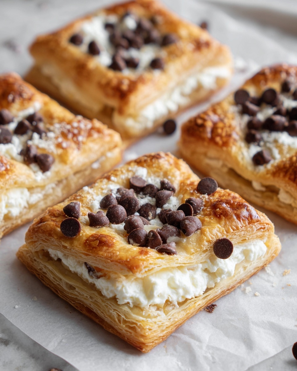 The image shows golden puff pastry squares with three main layers: the bottom layer is flaky and light brown with a crispy texture, the middle layer is creamy white cheese filling spread in the center, and the top layer consists of dark brown chocolate chips scattered over the cheese; the pastries are placed on white parchment paper on a white marbled surface. photo taken with an iphone --ar 4:5 --v 7