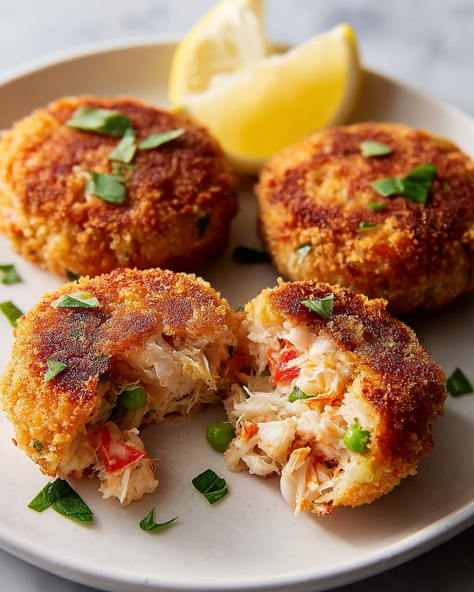 The image shows four golden brown crab cakes on a white plate, three whole and one cut in half to reveal the inside. Each crab cake has a crispy, crumbly outer layer with a rough texture. Inside, the crab cakes are light and moist with visible chunks of white crab meat mixed with small pieces of green bell pepper and red tomato. Fresh green herbs are sprinkled on top and around the cakes for decoration. At the top of the plate, there is a half slice of lemon with a pale yellow color. The plate rests on a white marbled surface. photo taken with an iphone --ar 4:5 --v 7