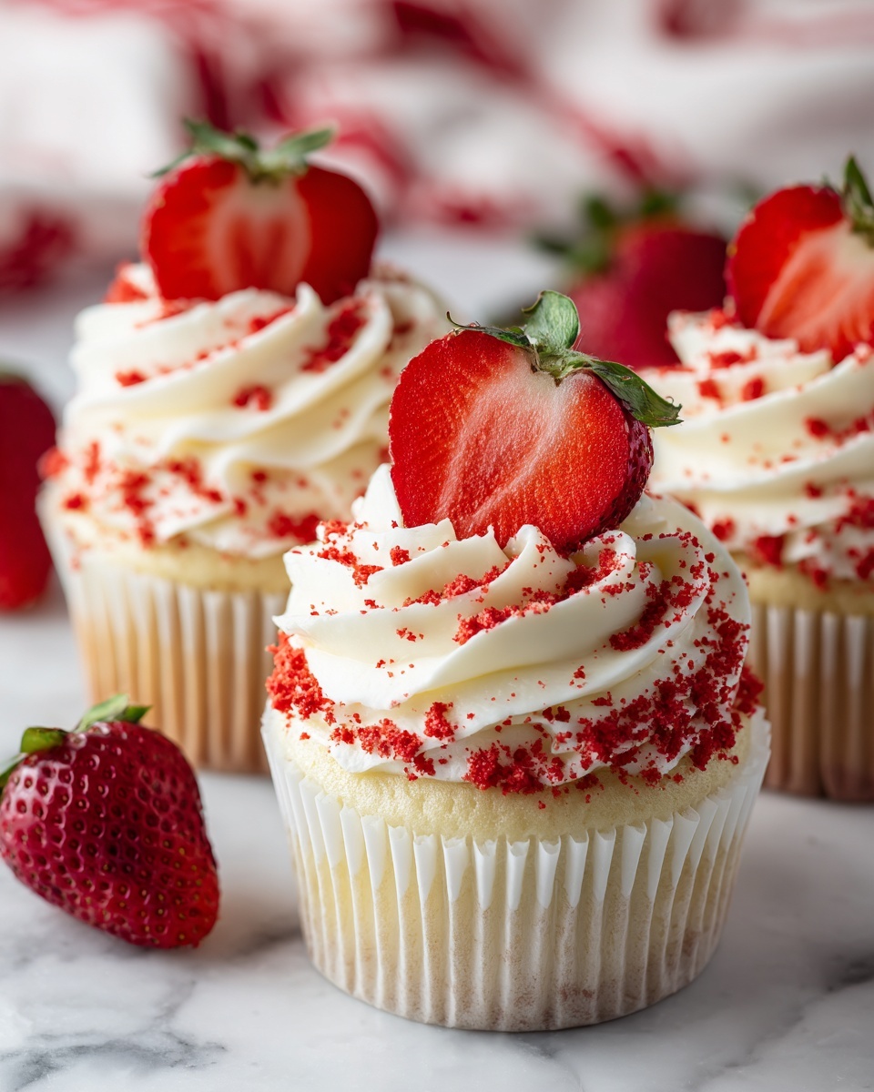A close-up view of three vanilla cupcakes with white swirled frosting topped with small red crumbs evenly sprinkled across the top. Each cupcake is decorated with a bright red half-cut strawberry placed upright in the center of the frosting, showing the juicy texture inside. The cupcakes are lined with white paper wrappers. They sit on a white marbled surface with a blurred white and red patterned cloth and whole strawberries in the background. Photo taken with an iphone --ar 4:5 --v 7