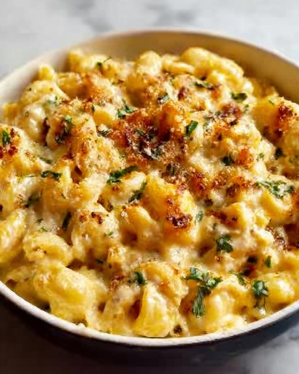 A close-up view of a creamy pasta dish served in a white plate, showing about two layers of short spiral pasta coated in a thick cheese sauce that is lightly browned in spots on top. The pasta is mixed with small chunks of browned meat scattered evenly throughout and garnished with small green herb leaves, possibly parsley. The sauce has a smooth, slightly bubbly texture with visible specks of black pepper and herbs. The background is a white marbled texture, enhancing the warm, rich tones of the dish. Photo taken with an iphone --ar 4:5 --v 7