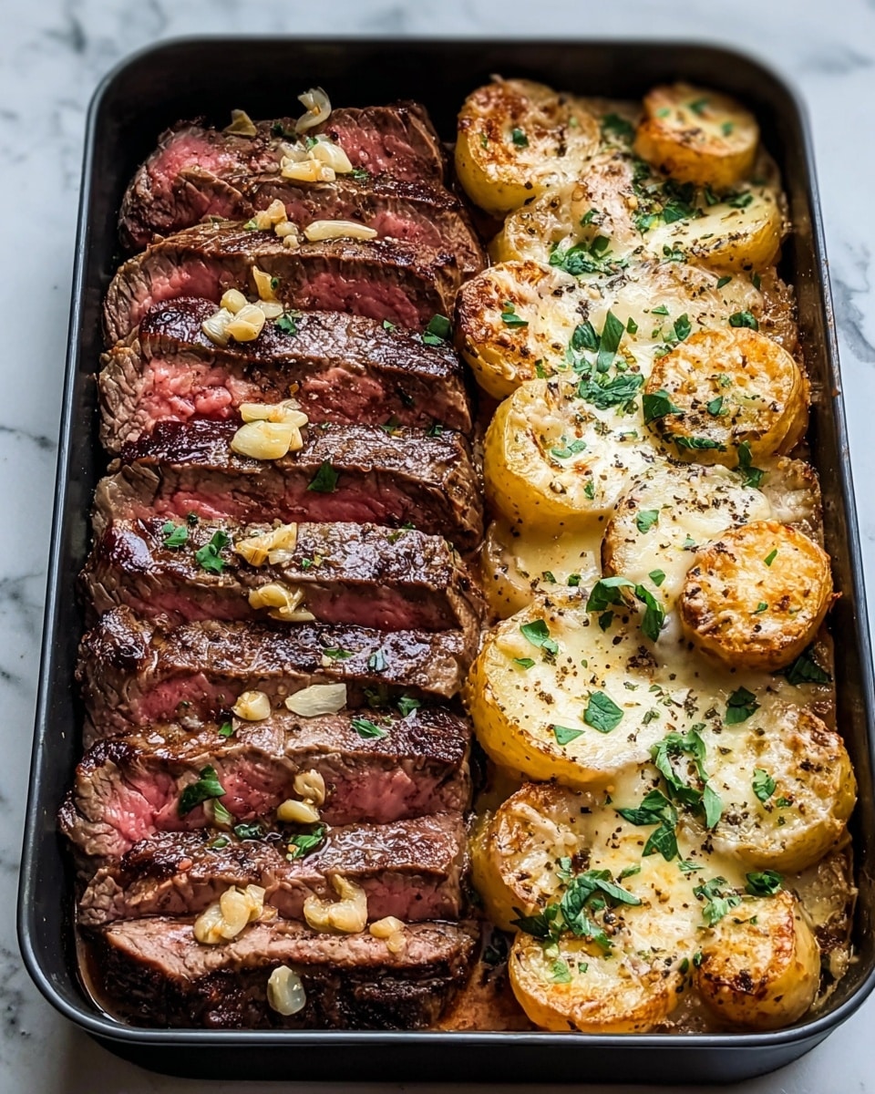 A rectangular black baking dish filled with food sits on a white marbled texture. On the left side, there are eight slices of medium-rare steak with a browned, slightly charred outer layer and a pink inside, topped with small pieces of garlic and green herbs. To the right, there are golden-brown roasted potato halves with a creamy melted cheese layer beneath them, sprinkled with black pepper and fresh green herbs, creating a textured, slightly crispy surface. The contrast between the rich meat and creamy, cheesy potatoes is clear. photo taken with an iphone --ar 4:5 --v 7
