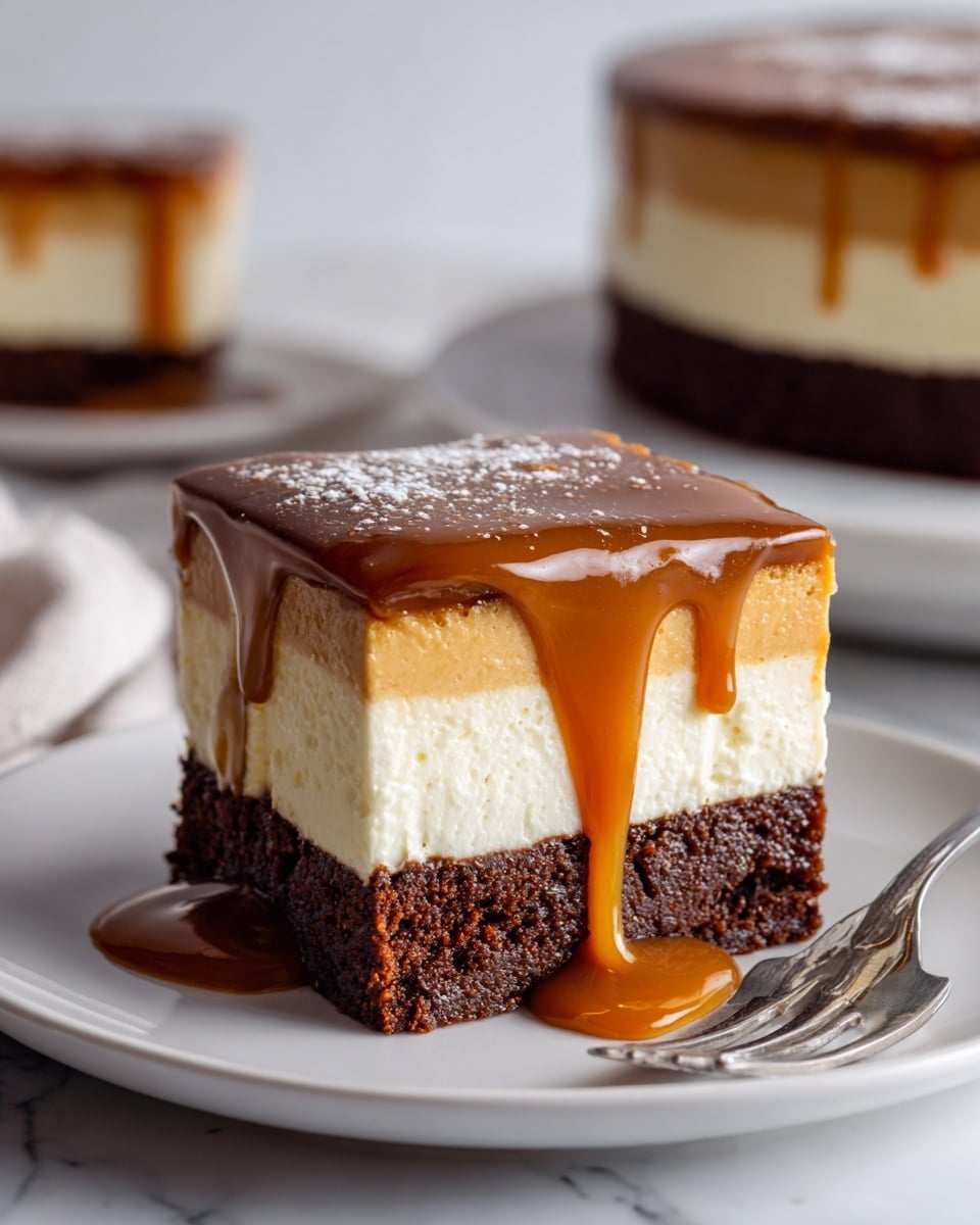 The image shows a three-layer flan dessert shaped like a ring with scalloped edges, placed on a white plate with a green leaf pattern around the rim. The top layer is a shiny caramel brown with a smooth texture, the middle layer is a creamy pale yellow with a soft, custard-like look, and the bottom layer is a rich, dark brown that looks dense and moist. Caramel sauce flows around the base of the dessert, pooling slightly on the plate. In the blurred background, there are golden utensils and stacked white plates on a white marbled surface. Photo taken with an iphone --ar 4:5 --v 7