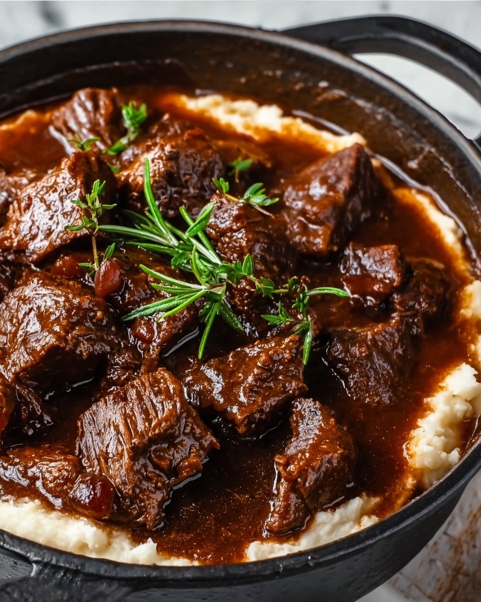 A close-up of a black cast iron pot filled with thick dark brown beef stew made of large soft chunks of beef in a rich gravy. Underneath the stew, there is a layer of white mashed potatoes slightly visible around the sides. Bright green sprigs of fresh herbs are placed on top of the beef for color contrast. The pot is sitting on a white marbled surface. photo taken with an iphone --ar 4:5 --v 7