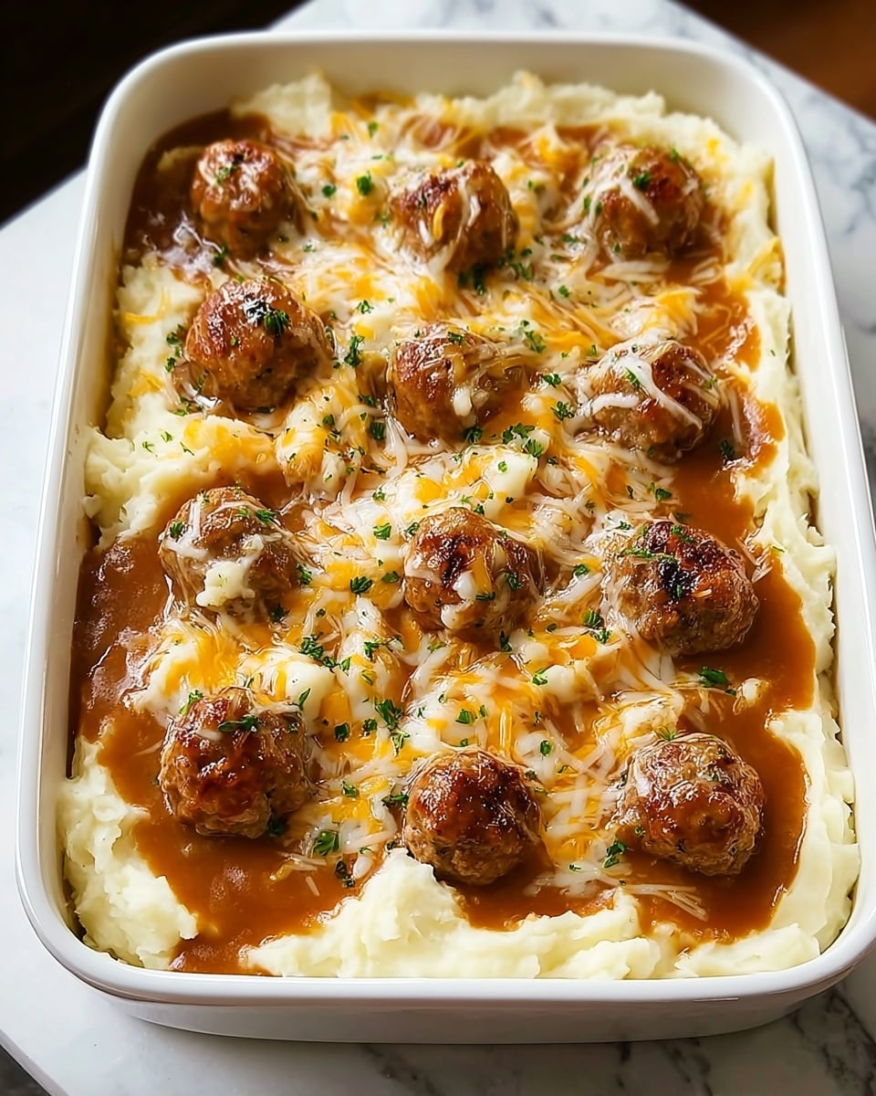 A white rectangular casserole dish filled with a base layer of creamy, smooth mashed potatoes in a soft off-white color, topped with a rich brown gravy that pools around the edges and between the next layer; on top of the gravy are evenly spaced browned meatballs with a golden crust, each coated with melted white and orange shredded cheese that stretches over the top, sprinkled lightly with green herbs for color contrast. The dish sits on a white marbled texture surface. Photo taken with an iphone --ar 4:5 --v 7