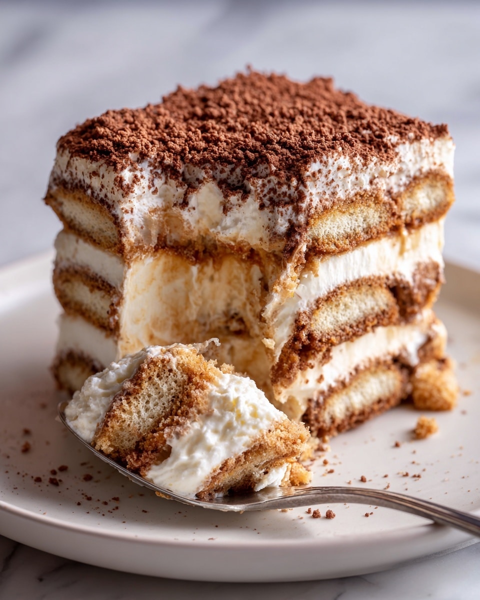 A close-up image of a partially eaten slice of tiramisu on a white plate, showing four visible layers of creamy white mascarpone cheese and light brown coffee-soaked ladyfinger biscuits. The top layer is dusted with fine dark brown cocoa powder and scattered light brown crumbs. In front, a silver spoon holds a scoop of the dessert, showing a mix of creamy white and coffee-brown layers with a soft and smooth texture. The scene is set on a white marbled surface. photo taken with an iphone --ar 4:5 --v 7
