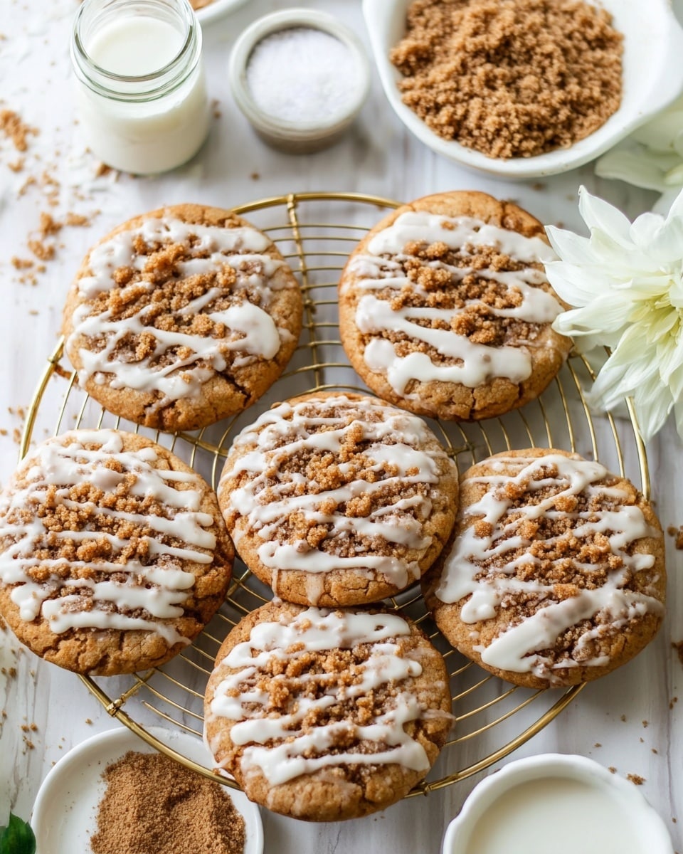 The image shows six round cookies with a light golden brown base topped with a crumbly cinnamon-colored streusel in the center and drizzled with white icing in thin lines across the top. The cookies are placed on a golden wire cooling rack, sitting on a white marbled surface. Around the cookies, there is a white bowl filled with extra cinnamon crumb topping, a glass jar of white sugar, a small white plate holding cinnamon powder, and a white flower with green stem. The overall look is warm and inviting with crunchy textures and smooth icing. Photo taken with an iphone --ar 4:5 --v 7
