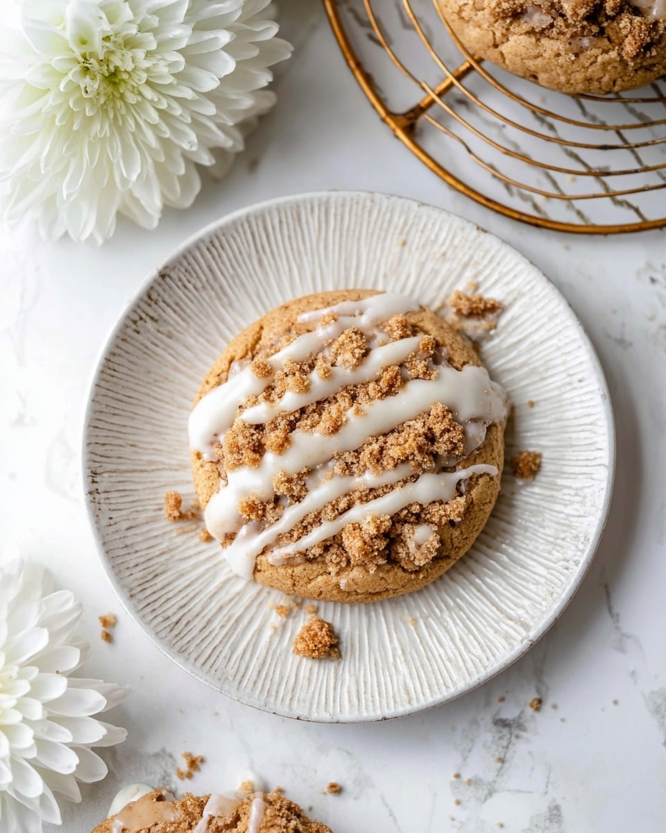 A single round cookie sits in the center of a white plate with a textured edge, placed on a white marbled surface. The cookie has three visual layers: the base layer is a light golden-brown soft cookie; the middle layer is a crumbly streusel topping with a darker brown color, scattered both on the cookie and around the plate; and the top layer is a glossy white icing drizzled unevenly across the streusel, creating a contrast in texture and color. In the top part of the image, another cookie with similar layers rests on a golden wire cooling rack next to a fully white flower with many petals. Photo taken with an iphone --ar 4:5 --v 7