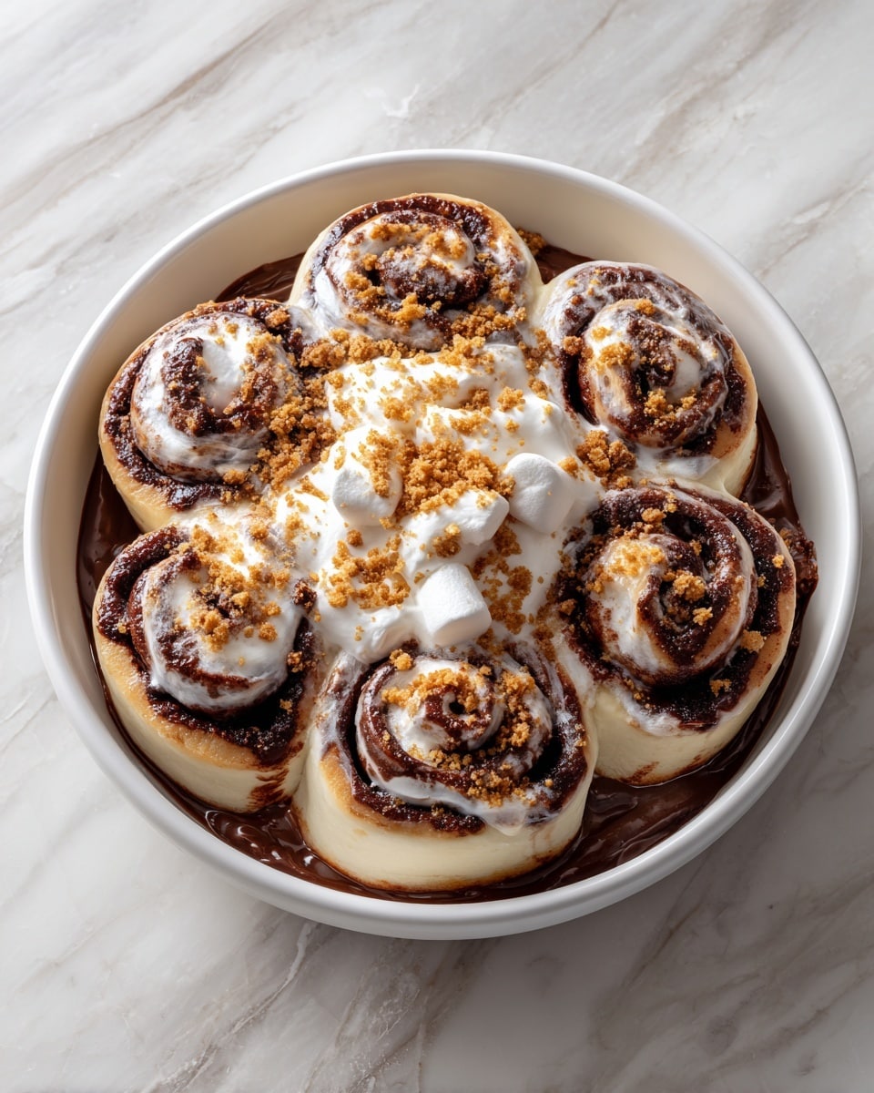 The image shows a white round bowl filled with six cinnamon rolls arranged in a circular pattern, each roll filled with dark brown chocolate swirls and topped with fluffy white toasted marshmallow cream. The rolls sit on a base of melted chocolate spread smoothly along the bottom of the bowl. The center has a larger dollop of the white marshmallow cream sprinkled with light brown crumbled graham crackers. The bowl rests on a white marbled textured surface. photo taken with an iphone --ar 4:5 --v 7