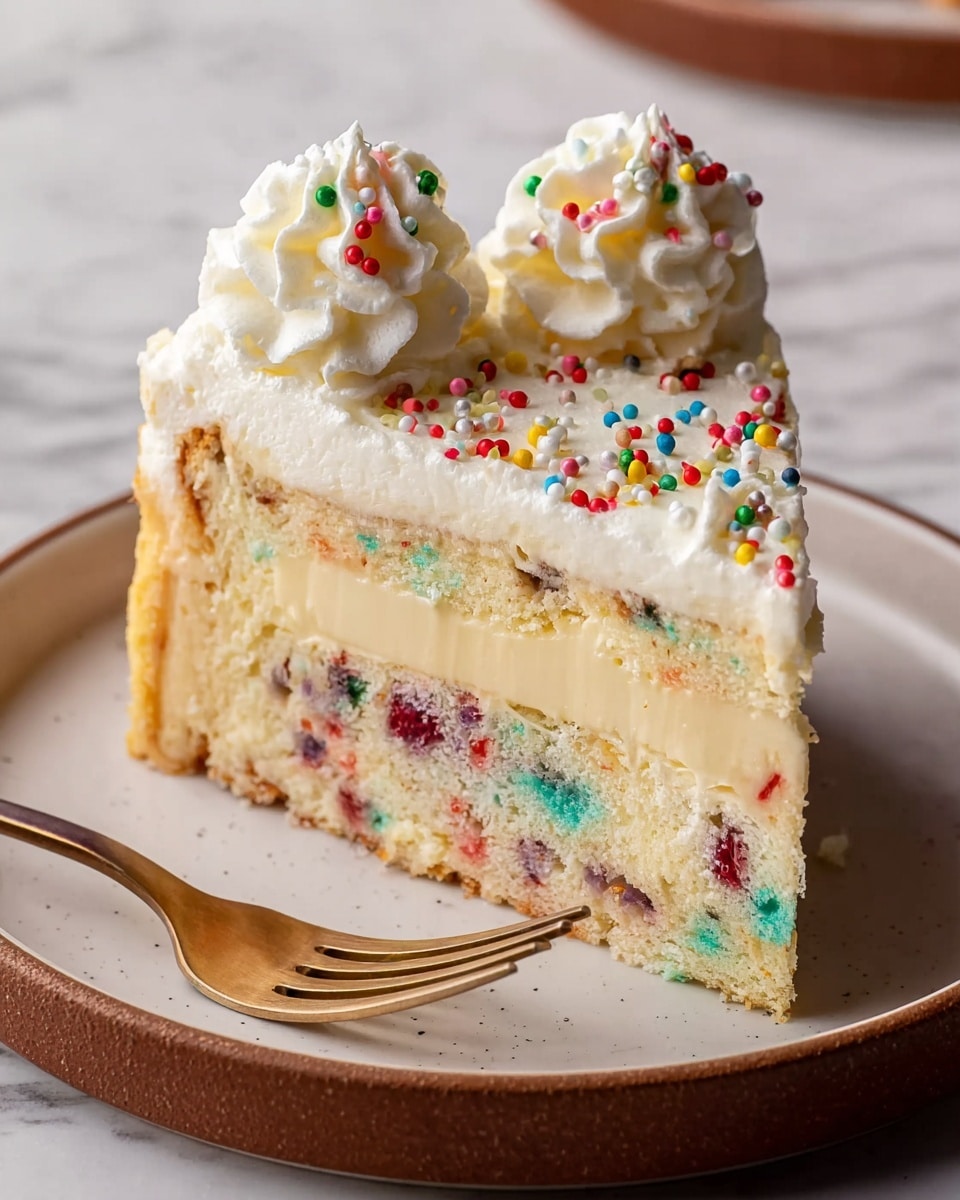 A slice of cake with three main layers sits on a white plate with a brown rim; the bottom layer is a light yellow cake dotted with colorful red, green, and purple specks, the middle layer is a smooth, creamy pale yellow custard, and the top layer is a thick spread of white whipped cream decorated with small red, green, yellow, and white round sprinkles plus two dollops of whipped cream at the back edge. A bronze fork rests beside the slice on the plate, all set on a white marbled surface. photo taken with an iphone --ar 4:5 --v 7