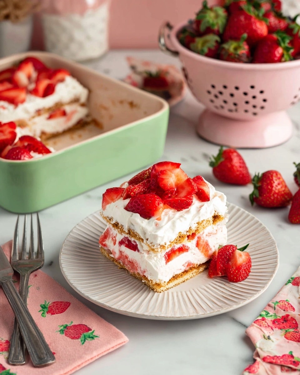 A square piece of layered strawberry dessert sits on a white plate with ridges, showing three layers of light brown graham crackers, white cream, and red strawberry slices, topped with thick white cream and fresh strawberry halves. Behind it, the same dessert is in a green rectangular dish with sliced strawberries on top. Fresh whole strawberries are scattered on a white marbled surface, with some sitting inside a light pink colander. Two metal forks rest on a pink napkin with strawberry prints nearby. Photo taken with an iphone --ar 4:5 --v 7