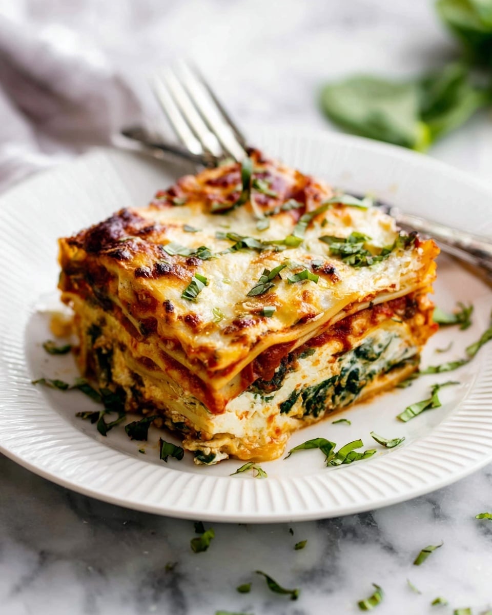 A square piece of lasagna with four visible layers sits on a white plate with ridged edges, placed on a white marbled surface. The layers alternate between golden-brown baked cheese on top with some browned spots, rich red tomato sauce beneath, and creamy white cheese mixed with dark green spinach inside. Freshly chopped green herbs are sprinkled over the top and around the plate for garnish. A silver fork rests behind the lasagna slice. Photo taken with an iphone --ar 4:5 --v 7