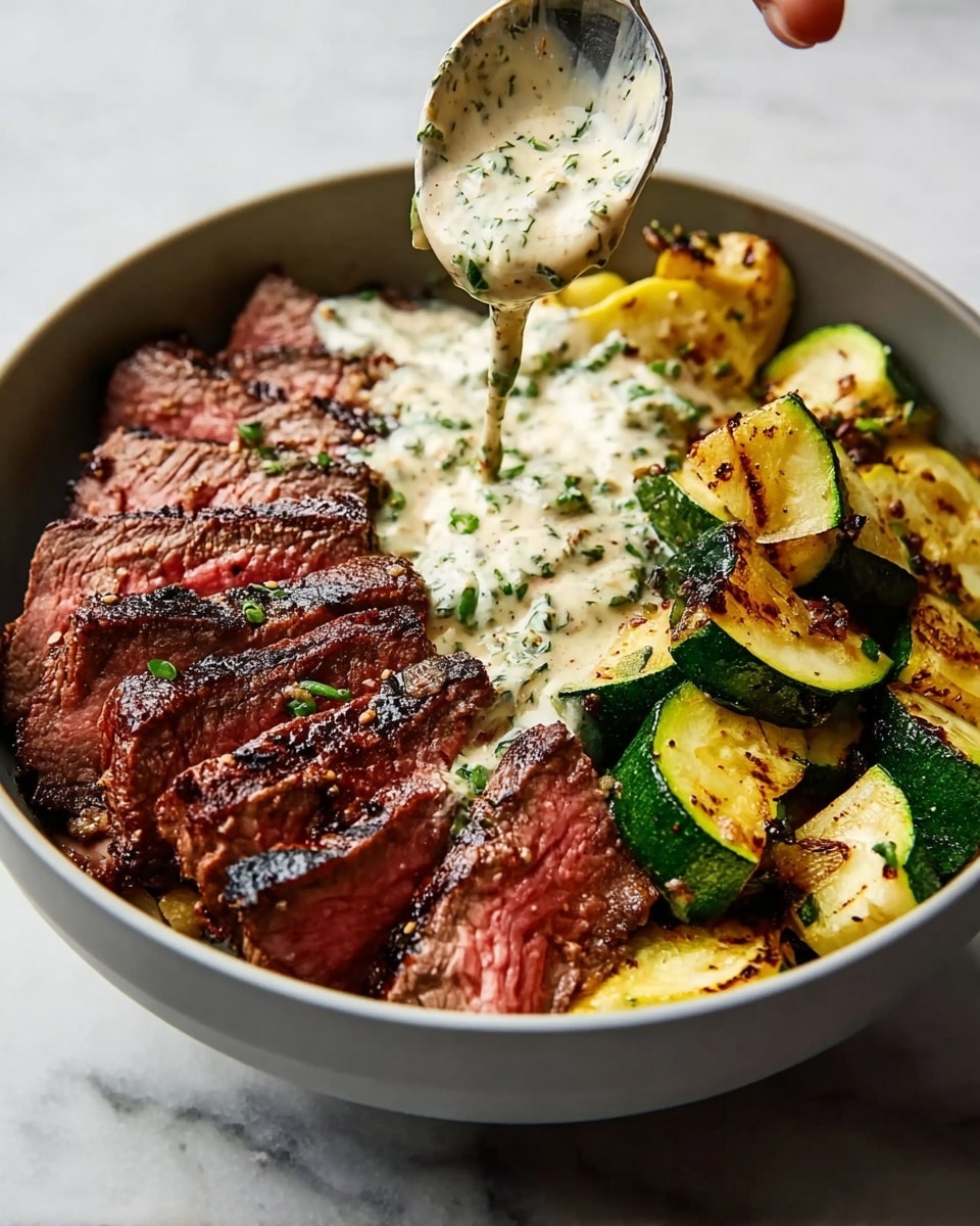 A white bowl is filled with three main layers arranged side by side: on the left, several slices of grilled steak show a seared dark brown crust enclosing a pink center with visible char marks; in the middle, creamy white sauce with green herbs is being poured over the steak from a spoon held by a woman's hand above; on the right, there are pieces of grilled zucchini, sliced into thick rounds, with golden brown grill marks on the bright green skin and yellowish interior. The bowl sits on a white marbled surface. Photo taken with an iphone --ar 4:5 --v 7
