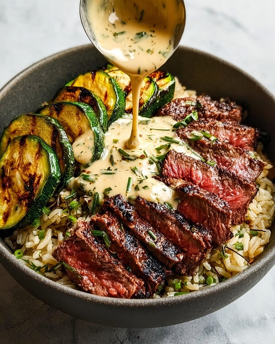 A gray bowl filled with a base layer of cooked rice, topped with grilled zucchini slices on one side that are golden brown with slight charring and a fresh green skin, and medium-rare steak slices on the other side showing a reddish-pink center and a charred crust. Creamy sauce speckled with green herbs is being poured over the center of the steak and vegetables from a ladle above the bowl. The background has a white marbled texture. Photo taken with an iphone --ar 4:5 --v 7
