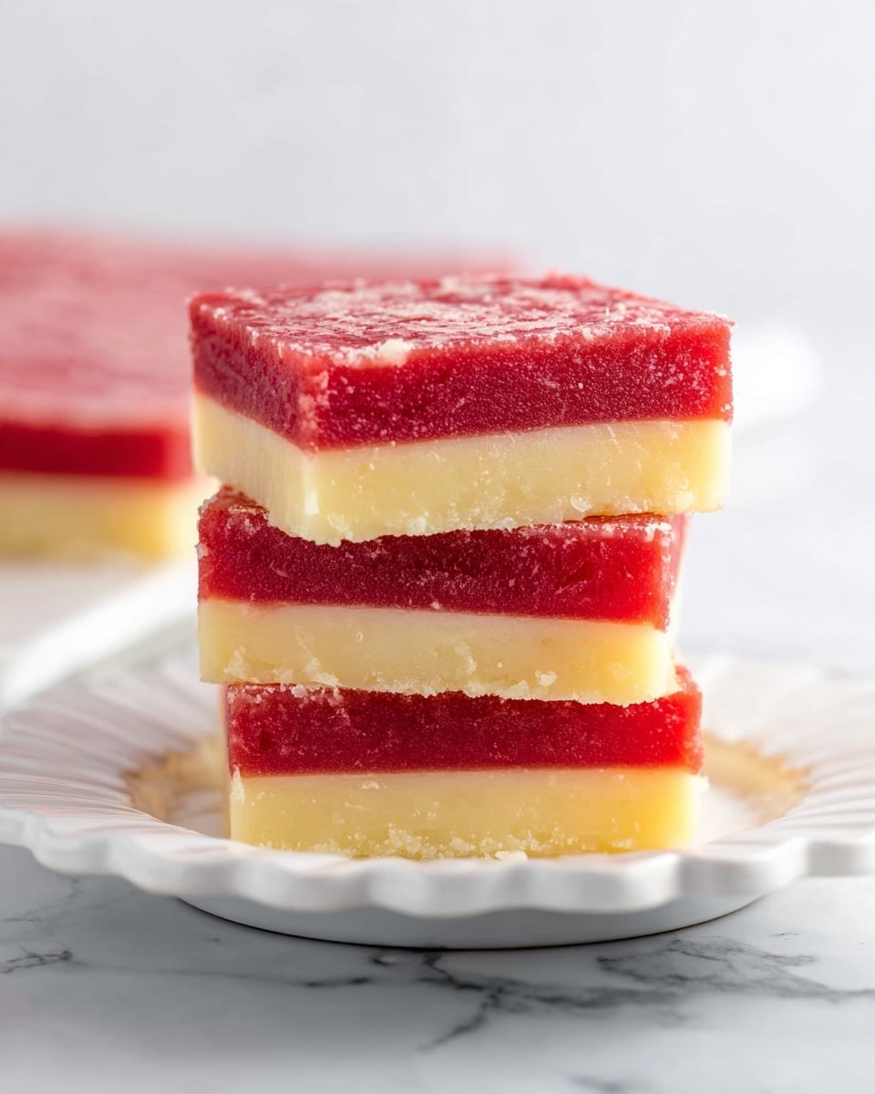 The image shows three square dessert bars stacked on a scalloped white plate set on a white marbled texture. Each bar has four visible layers, alternating between thick, bright red layers with a slightly rough texture and smooth, pale yellow layers. The red layers appear moist and dense, while the yellow layers are firm and creamy. The bars are neatly cut, with clean, sharp edges, and the appearance is simple and inviting. The background is light and softly blurred, highlighting the vibrant colors of the bars. photo taken with an iphone --ar 4:5 --v 7