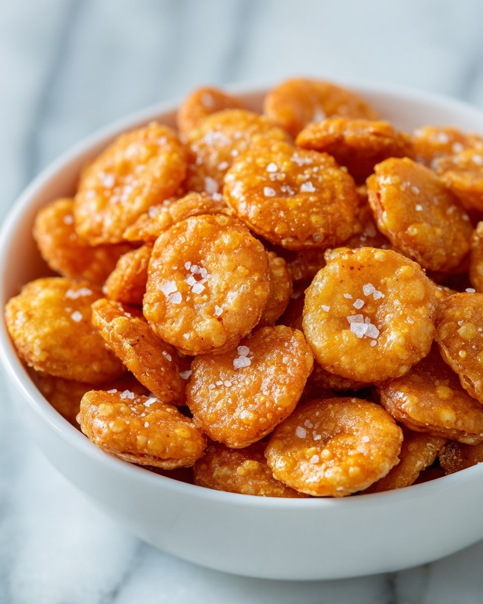 A close-up of a white bowl filled to the top with small, round, golden-orange crackers that have a shiny, glazed surface sprinkled with coarse salt crystals, showing a slightly rough and crunchy texture around the edges; the bowl is placed on a white marbled surface with a soft, blurred background that highlights the warm tones of the crackers, photo taken with an iphone --ar 4:5 --v 7