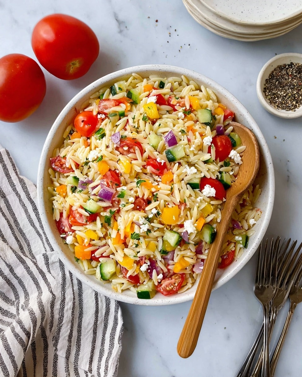 A round white bowl filled with a colorful orzo pasta salad sits on a white marbled surface. The salad has pale yellow orzo pasta as the base layer mixed throughout with pieces of bright red cherry tomatoes, orange and yellow bell peppers, green cucumber chunks, and small bits of purple onion, topped with white crumbled feta cheese and scattered black pepper. A wooden spoon rests inside the bowl on the right side. Nearby are two whole red tomatoes on the white marbled surface, a striped cloth napkin on the left, a stack of white plates in the top right corner, a small white bowl of black pepper, and a group of four forks positioned in the lower right corner. Photo taken with an iphone --ar 4:5 --v 7