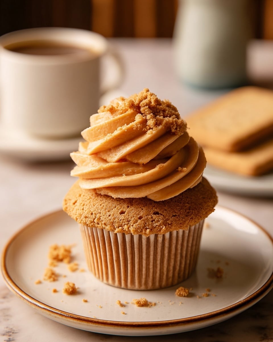 A single cupcake sits on a white marbled surface with a crumbled cookie topping scattered around it. The cupcake has one layer of light brown cake at the bottom with a ridged white paper wrapper. On top, there is one thick layer of swirled cream-colored frosting with a smooth and creamy texture. A whole rectangular light brown cookie, slightly textured and soft-looking, is inserted into the frosting at an angle near the center. A silver fork is placed nearby on the right side of the surface. Photo taken with an iphone --ar 4:5 --v 7