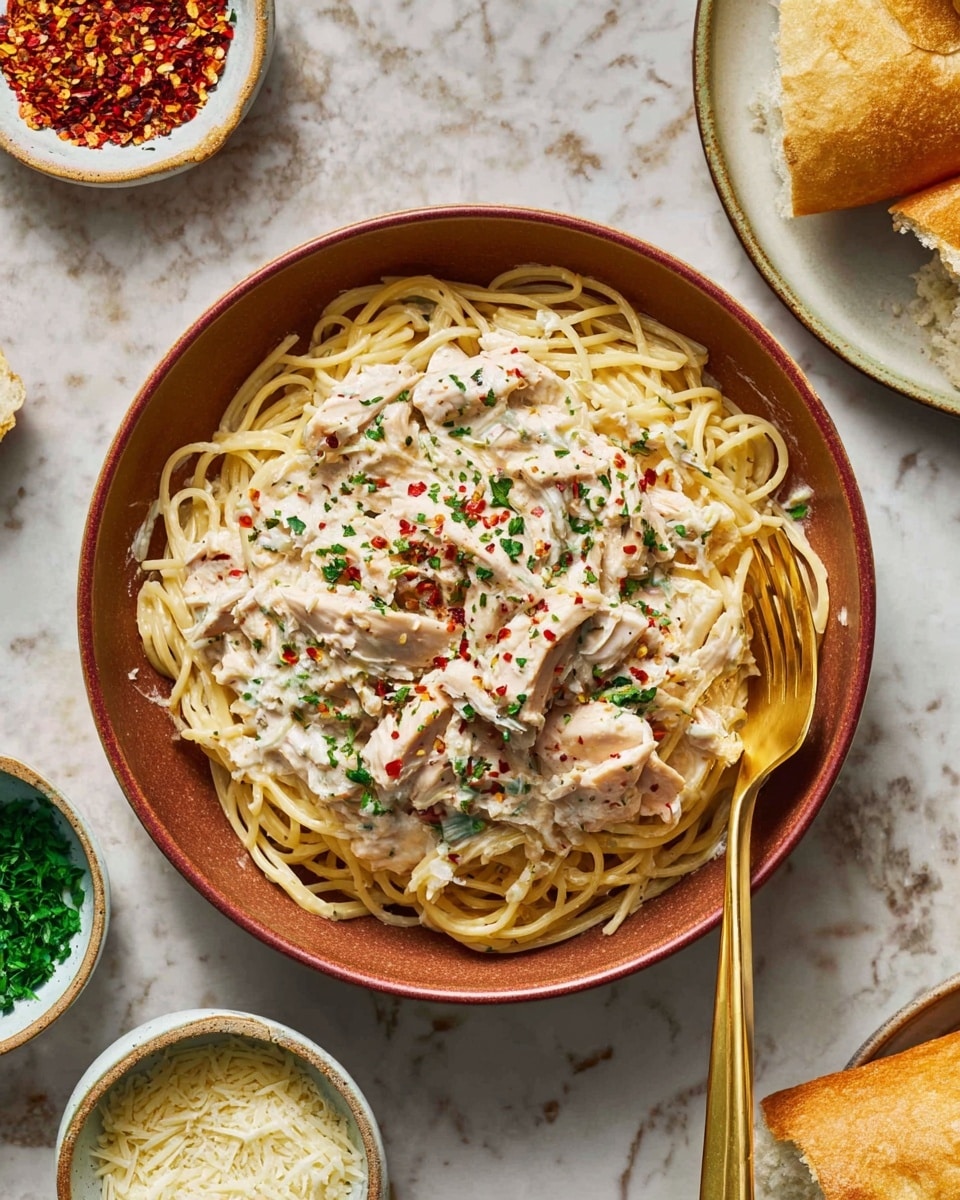 A round brown bowl holds a plate of thin spaghetti noodles arranged in a loose nest shape as the bottom layer. On top, creamy white sauce with pieces of chicken is spread in the center, sprinkled with small green herbs and red chili flakes for color. A long golden spoon rests inside the bowl, leaning on the edge. Surrounding the bowl, there are small white bowls with grated cheese, chili flakes, and green herbs, along with white plates holding pieces of bread. The background is a white marbled texture. photo taken with an iphone --ar 4:5 --v 7