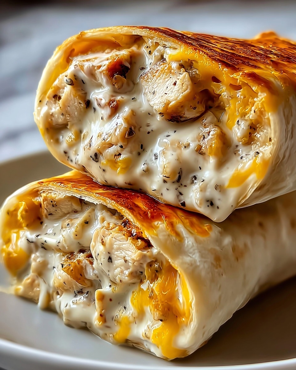 A close-up view of two halves of a burrito lying on top of each other in a white plate, showing three main layers inside: a soft light beige tortilla wrap on the outside, a creamy white sauce with specks of black pepper and chunks of browned grilled chicken in the middle, and a layer of melted yellow cheese peeking out near the edges; the texture looks soft and gooey, with a shiny golden-brown crust on the wrap. The background is a white marbled texture. photo taken with an iphone --ar 4:5 --v 7