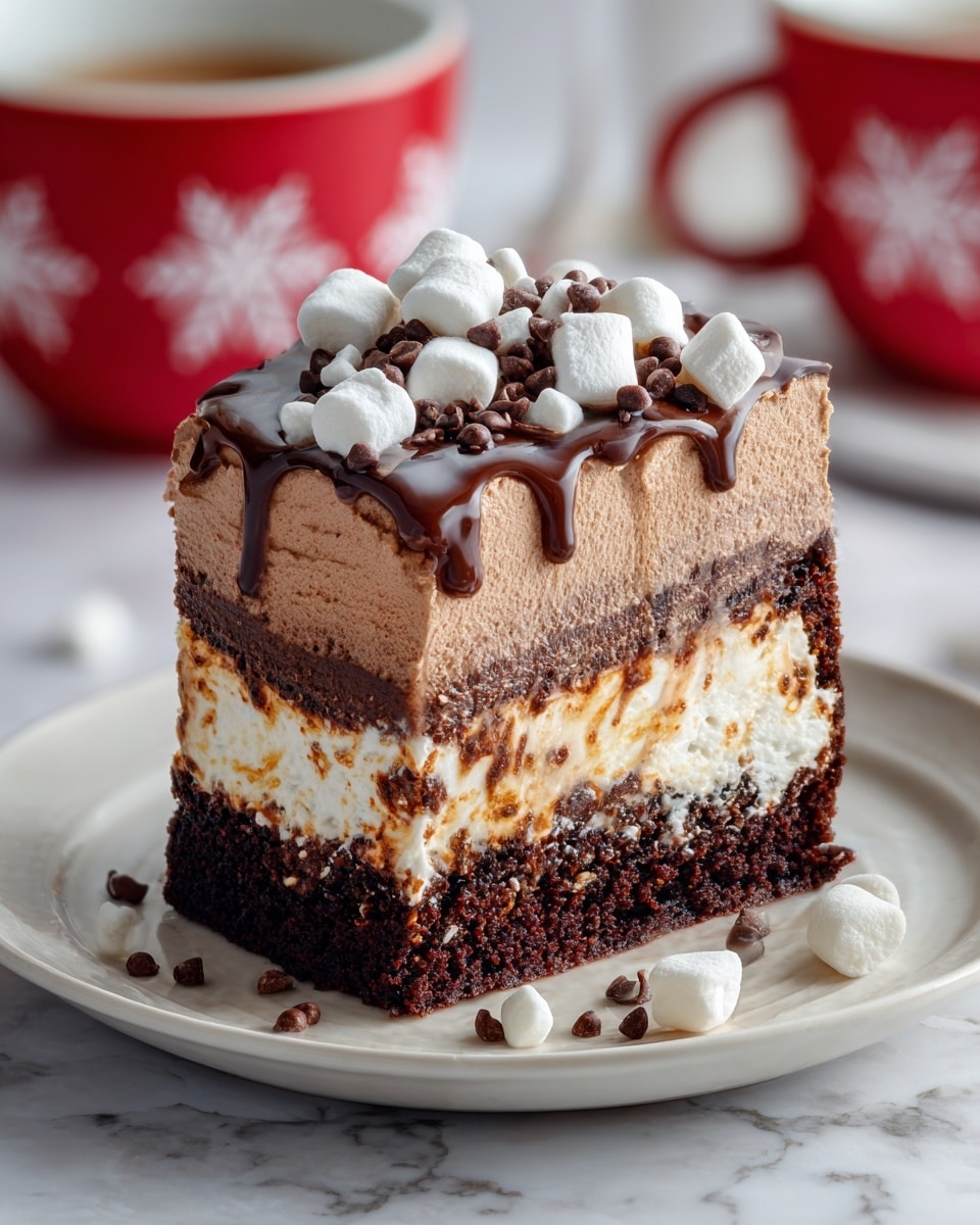 The image shows a thick slice of dark chocolate cake with three visible layers on a white plate. The bottom layer is moist dark chocolate cake with a soft, gooey white cream filling mixed in. The middle layer is the same chocolate cake, and the top layer is a smooth light brown chocolate mousse, slightly thick and creamy. The mousse is topped with small white marshmallows and scattered chocolate chips. Dark chocolate sauce drips over the mousse and edges of the cake. More marshmallows and chocolate chips are spread around the plate. In the blurry background, there are festive red mugs with white patterns. The plate is set on a dark wooden surface with a white marbled texture. photo taken with an iphone --ar 4:5 --v 7
