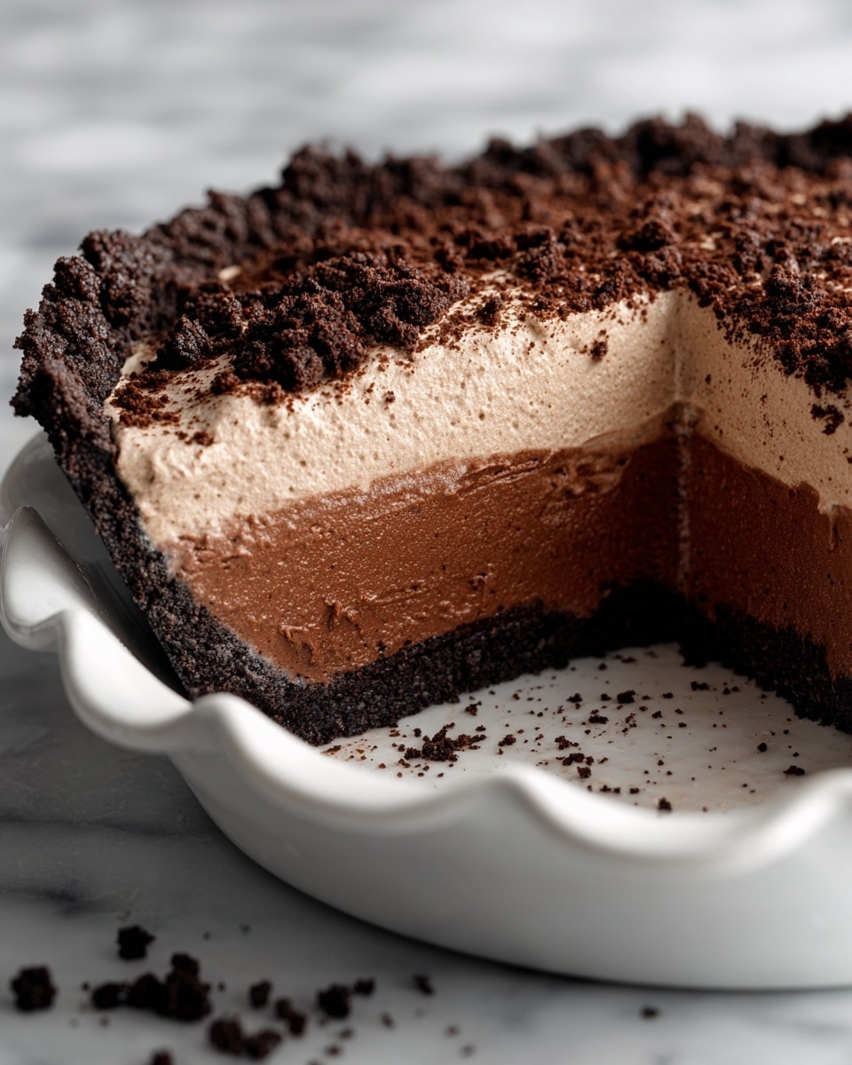 A close-up of a multi-layered chocolate pie shows three distinct layers inside a white dish with a scalloped edge. The bottom layer is a dark brown, smooth, creamy chocolate filling. Above it is a thick, light brown whipped chocolate mousse layer with a fluffy texture. The top layer is a crumbly, dark chocolate cookie crust that looks rough and uneven, covering the entire pie. A slice is removed, revealing the layers clearly, and small crumbs are scattered in the dish. The background has a white marbled texture. Photo taken with an iphone --ar 4:5 --v 7