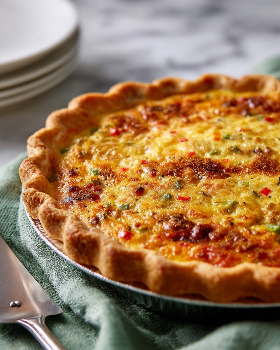 A close-up view of a golden-brown quiche with a slightly uneven, textured top showing melted cheese and bits of vegetables like green and red peppers, all inside a thick, flaky light brown crust with a crimped edge. The quiche is in a round, shiny silver pan placed on a green textured cloth on a white marbled surface, with a metallic pie server visible to the side and a stack of white plates blurred in the background. photo taken with an iphone --ar 4:5 --v 7