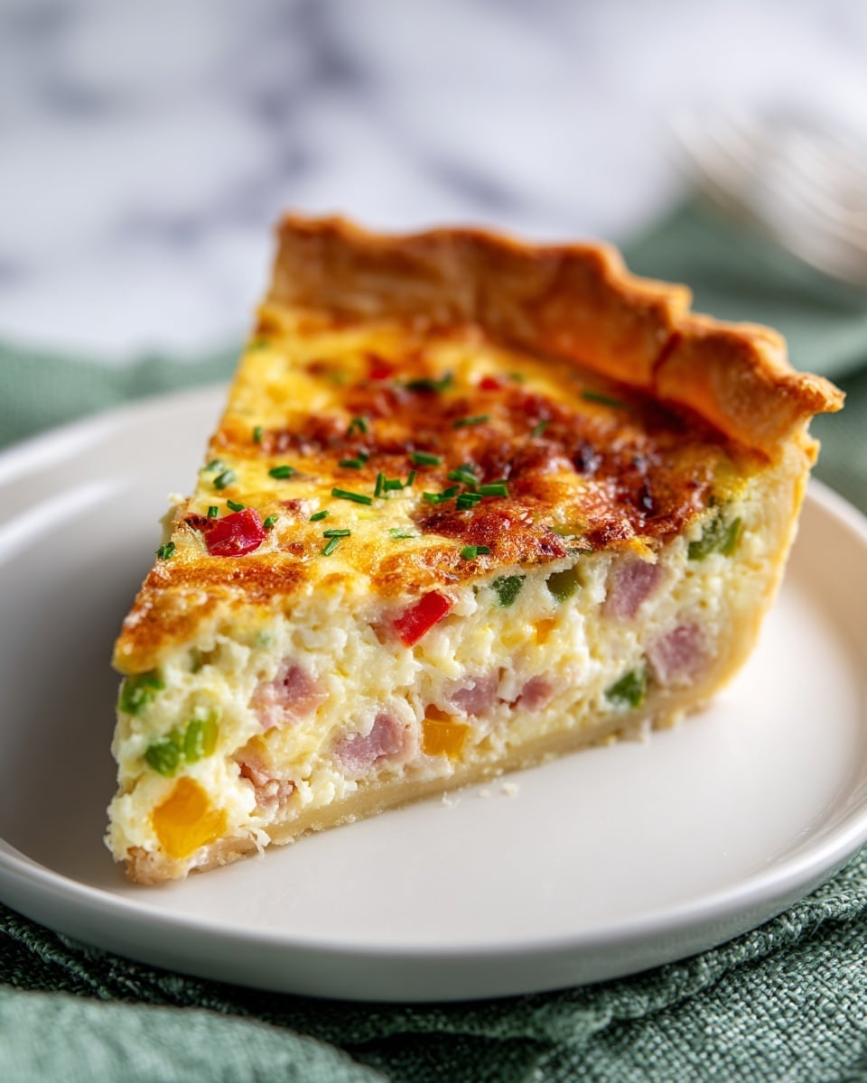 A single slice of quiche sits on a white plate over a green textured cloth on a white marbled surface. The quiche has a golden-brown top crust that looks flaky and slightly crisp. Inside, there are visible layers of light yellow creamy eggs mixed with small pieces of pink ham, green peppers, and bits of red and orange vegetables, all evenly spread through the slice. The edges show the thick crust holding all the ingredients together. The overall look is warm, soft, and hearty. photo taken with an iphone --ar 4:5 --v 7