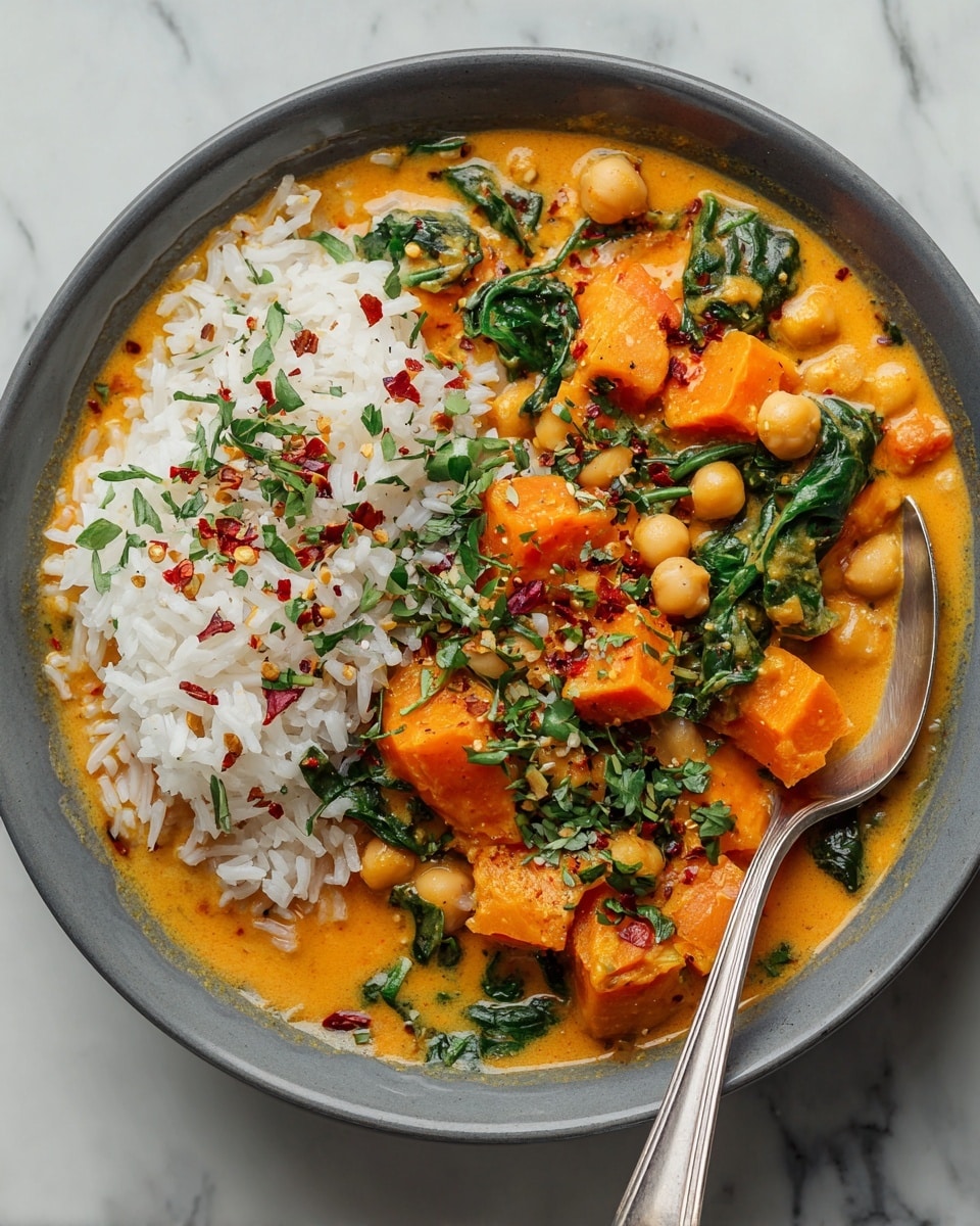 A round gray bowl filled with a vibrant orange curry that has large chunks of orange sweet potatoes and beige chickpeas, mixed with dark green spinach leaves and fresh green herbs sprinkled on top. On one side of the bowl, there is a neat portion of white rice topped with some red seasoning flakes and tiny bits of herbs. A metal spoon rests inside the bowl, partially submerged in the curry. The bowl sits on a white marbled surface. photo taken with an iphone --ar 4:5 --v 7