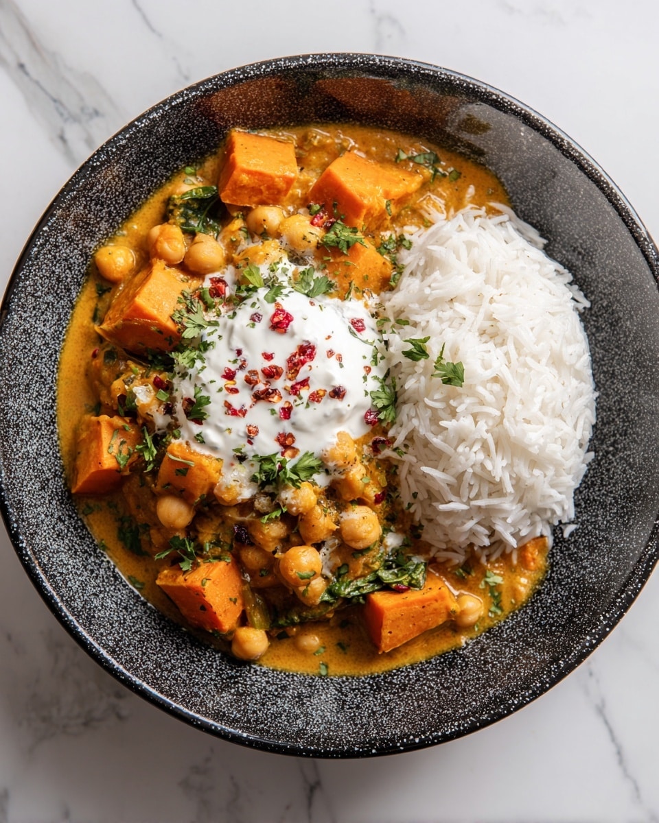 A close-up of a round bowl filled with two main layers; on the left side, there is a chunky orange curry with visible pieces of sweet potato, light brown chickpeas, and bits of green herbs scattered on top and around, with a dollop of white cream in the center topped with small red flakes; on the right side, there is a neat mound of fluffy white rice with clear grains showing. The bowl has a speckled dark texture on the outside, placed on a white marbled surface. photo taken with an iphone --ar 4:5 --v 7