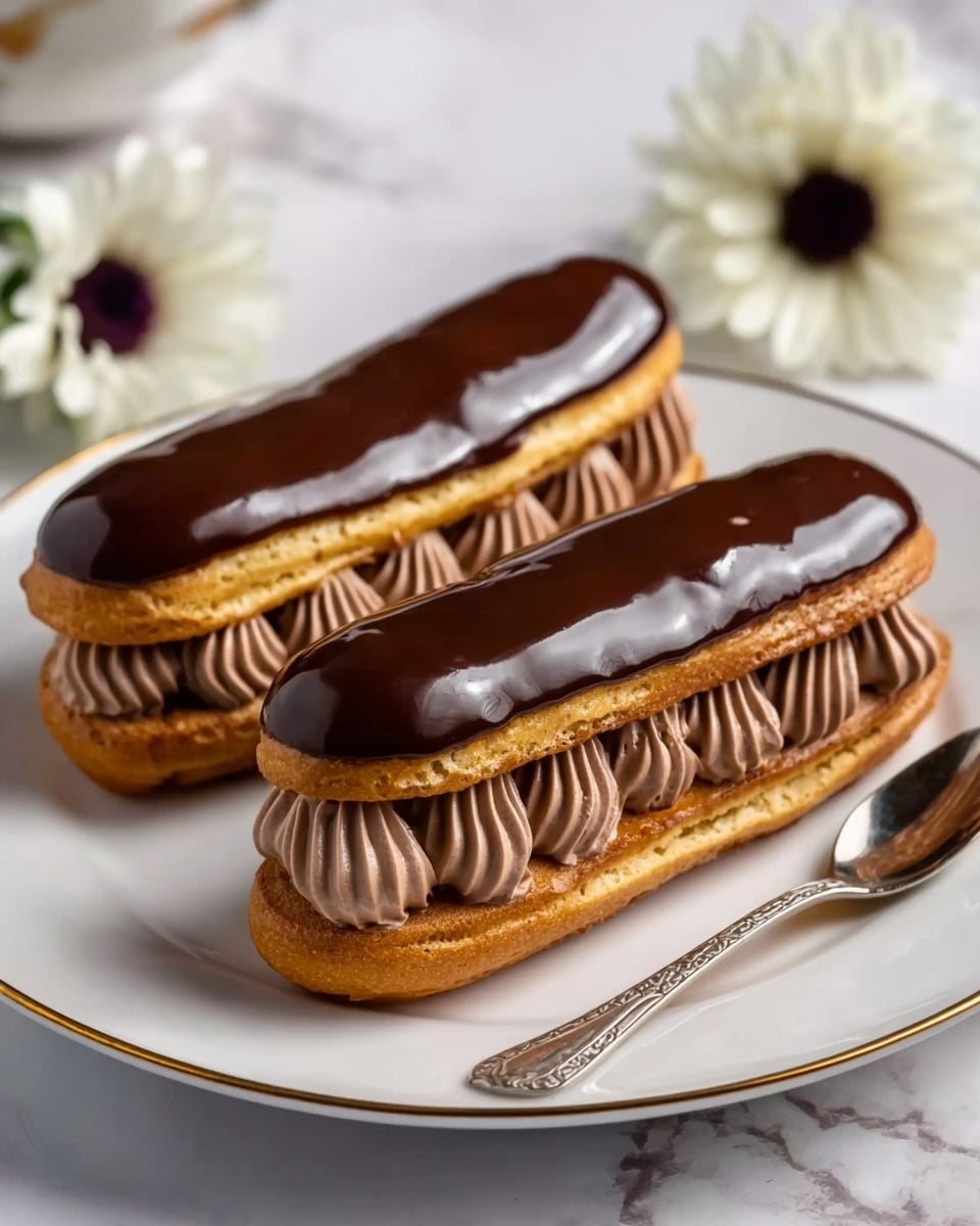 Two éclairs are shown on a white plate with a gold rim, placed on a white marbled surface. Each éclair has three layers: the top layer is a smooth, shiny dark chocolate glaze, the middle layer is a golden brown choux pastry, and the bottom layer is filled with cream piped in small swirled dollops of light brown chocolate. In the background, there is a white flower with a dark center, and a silver spoon is positioned beside the plate. photo taken with an iphone --ar 4:5 --v 7