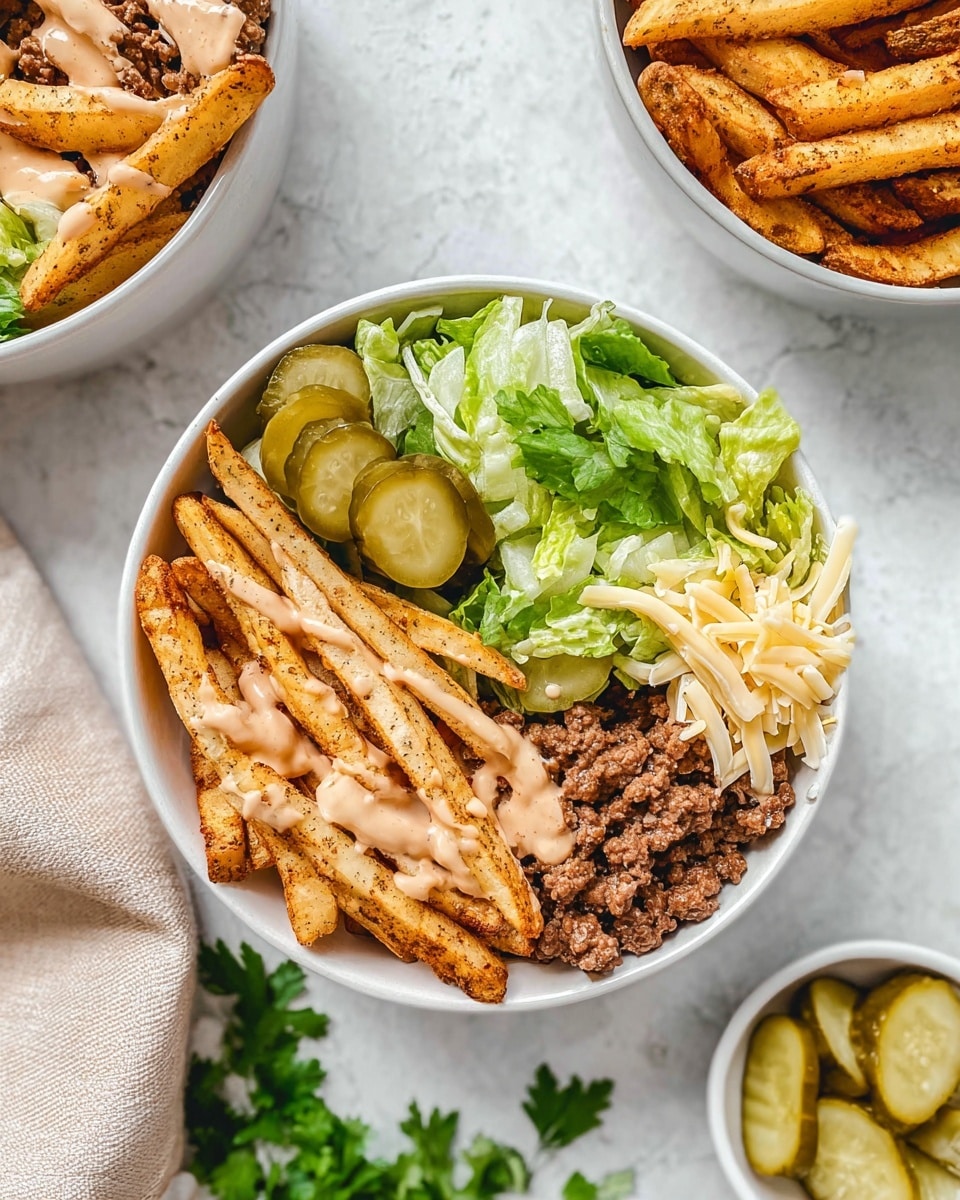 A white bowl filled with three main layers: on the bottom right, there is a layer of cooked ground beef topped with light brown sauce drizzled over it, and three round green pickles placed on top; next to it, on the left side, is a layer of golden-brown seasoned fries with a few light brown sauce drizzles; the top half of the bowl is filled with bright green chopped romaine lettuce with some light brown sauce drizzled on it; a small pile of shredded pale yellow cheese is placed near the fries. The bowl is on a white marbled surface, accompanied by another white bowl of golden-brown fries at the top right and a small white bowl of pickles at the bottom right. Some loose green lettuce pieces and a beige cloth are on the surface nearby. Photo taken with an iphone --ar 4:5 --v 7