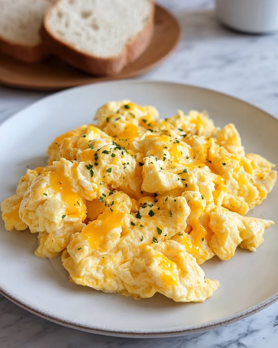 A white plate is filled with creamy scrambled eggs that have a soft, fluffy texture. The eggs show layers of yellow and white, with melted cheese mixed in, creating a marbled effect of pale yellow and bright orange. Small green herbs are sprinkled on top, adding a subtle pop of color. In the background, there are two slices of bread with a soft texture resting on a white marbled surface. Photo taken with an iphone --ar 4:5 --v 7