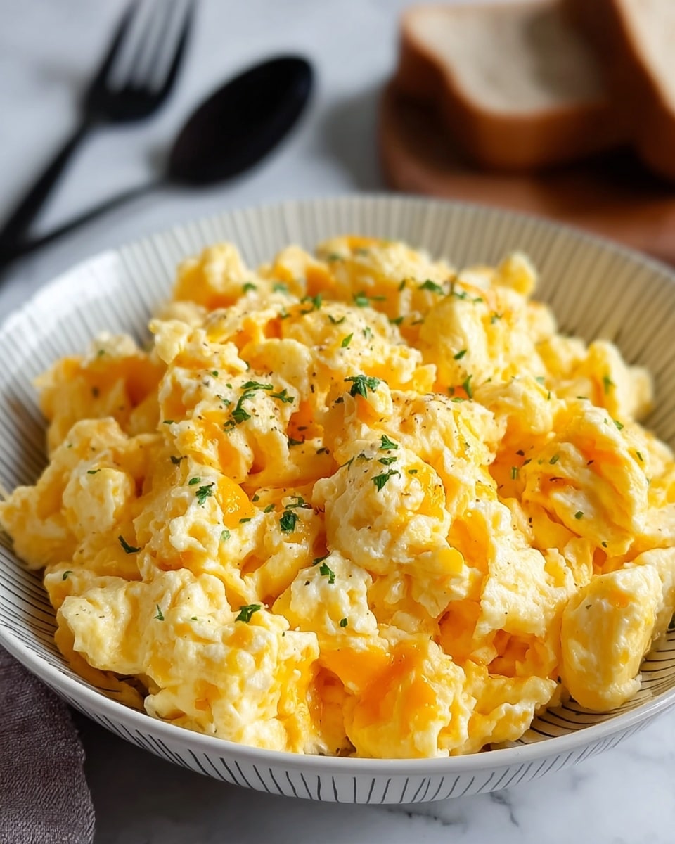 A close-up view of scrambled eggs served on a white bowl with fine black lines. The eggs are fluffy and soft with a mix of pale yellow and bright orange colors, showing a creamy texture. Small green herb flakes are sprinkled on top, adding a touch of color contrast. The bowl sits on a white marbled surface, and in the background, blurred silhouettes of black cutlery are visible. Photo taken with an iphone --ar 4:5 --v 7
