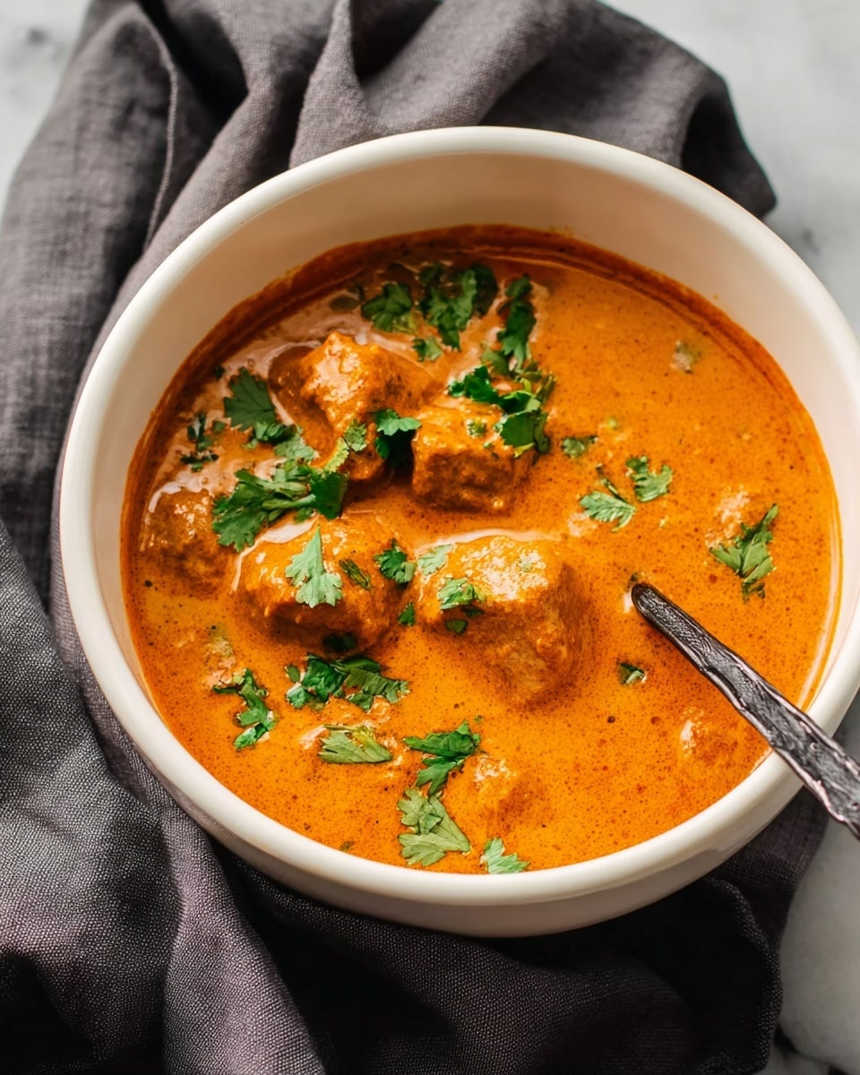 A white bowl filled with rich, creamy orange curry with visible chunks of meat submerged in the sauce, topped with fresh green cilantro leaves scattered on the surface. A dark spoon is partly dipped into the curry on the right side of the bowl. The bowl is placed on a soft, folded dark gray cloth, all set on a white marbled surface. photo taken with an iphone --ar 4:5 --v 7