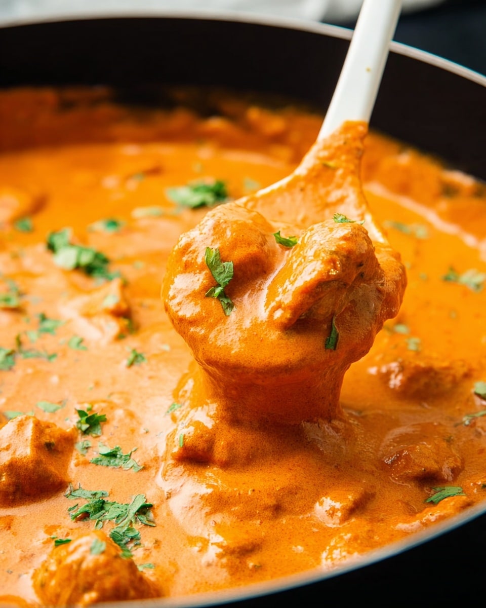 A close-up of a thick orange curry with a smooth, creamy texture and chunks of meat being lifted by a white spoon from a black pan. The curry has a bright orange surface with green chopped fresh herbs sprinkled over the top, adding contrast. The meat pieces are coated and slightly visible within the rich sauce, showing softness and tenderness. The entire scene is set against a white marbled textured background. photo taken with an iphone --ar 4:5 --v 7