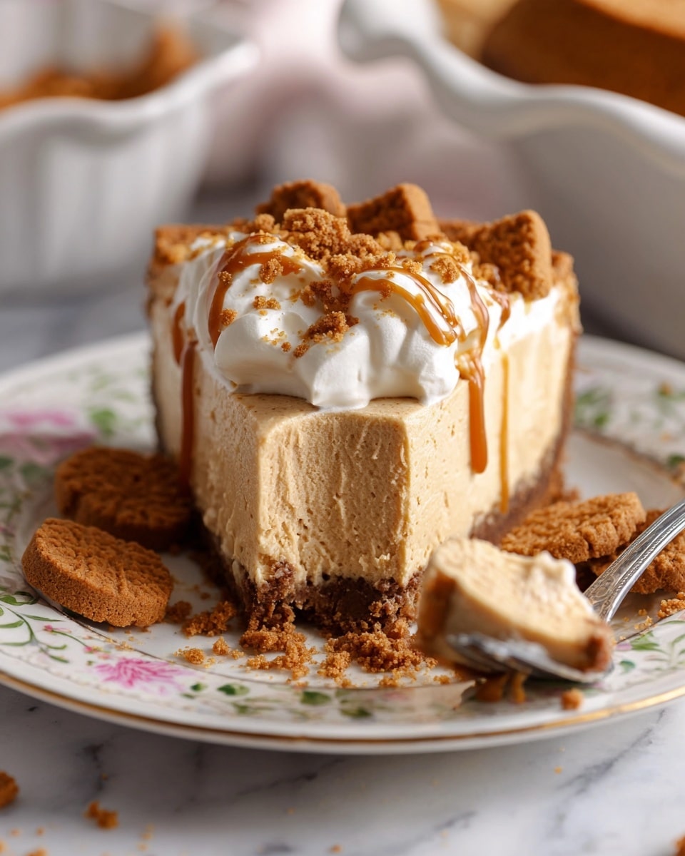 A slice of creamy light brown cheesecake sits on a white plate with floral patterns, showing three main layers: a thick bottom crust of crushed ginger snap cookies in dark brown, a smooth middle layer of dense cheesecake in light brown, and a topping of white whipped cream dolloped with drizzles of caramel sauce and scattered bits of crushed ginger snap cookies. Around the slice, larger pieces and crumbs of ginger snap cookies add texture on the plate, and a silver fork holding a small bite of cheesecake rests on the right side. The background features a white marbled surface with a white dish blurred out behind the plate. Photo taken with an iphone --ar 4:5 --v 7