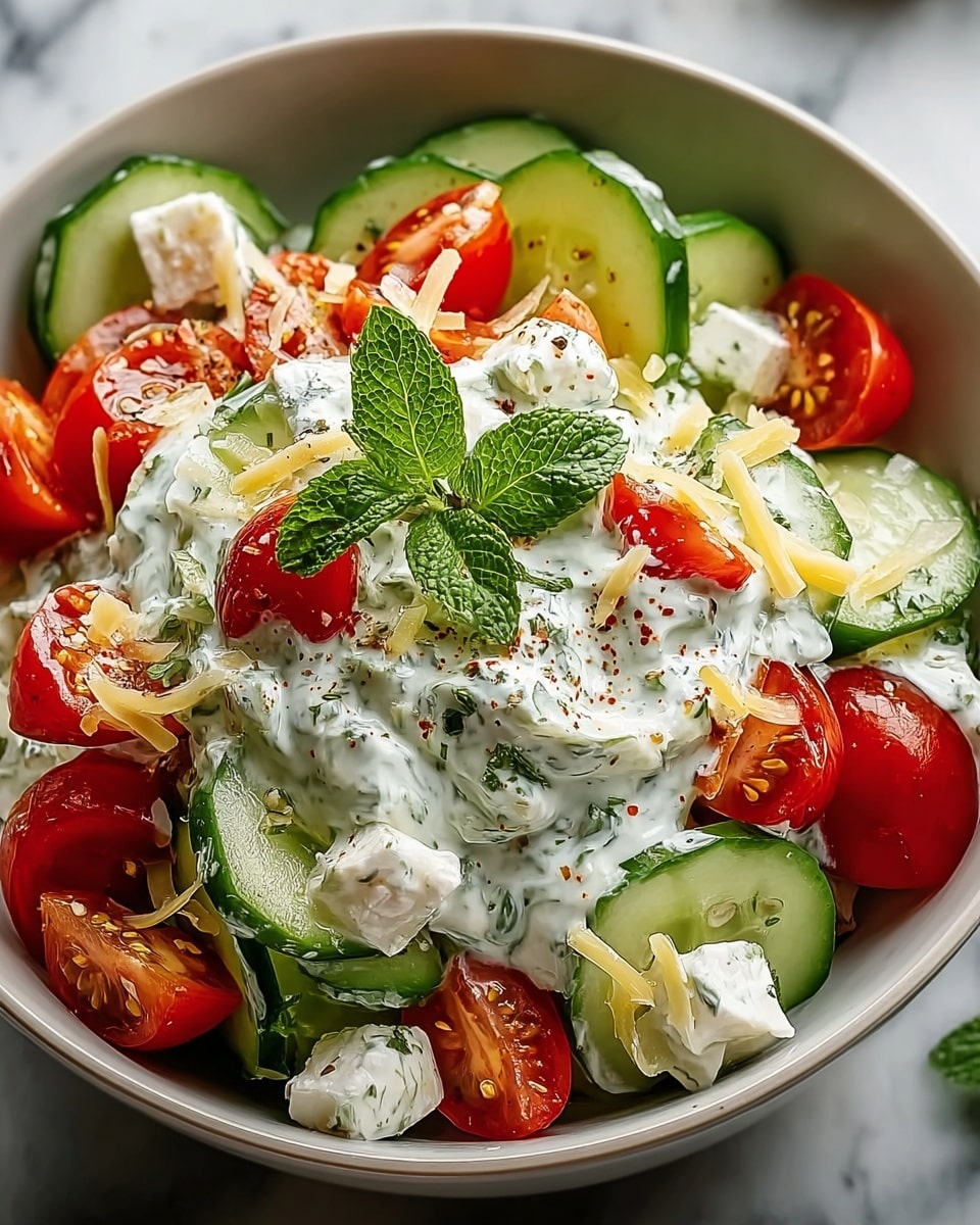 A fresh salad in a white bowl features a mix of thinly sliced light green cucumbers layered at the bottom, topped with vibrant red halved cherry tomatoes and small chunks of white cottage cheese. Over this, there is a thick creamy white dressing with green herb specks drizzled generously, giving a soft texture contrast. Scattered on top are small, thin, pale yellow cheese shavings and a few black pepper flakes for a touch of seasoning. The salad is garnished with a small fresh green mint leaf on top, all placed on a white marbled surface. Photo taken with an iphone --ar 4:5 --v 7